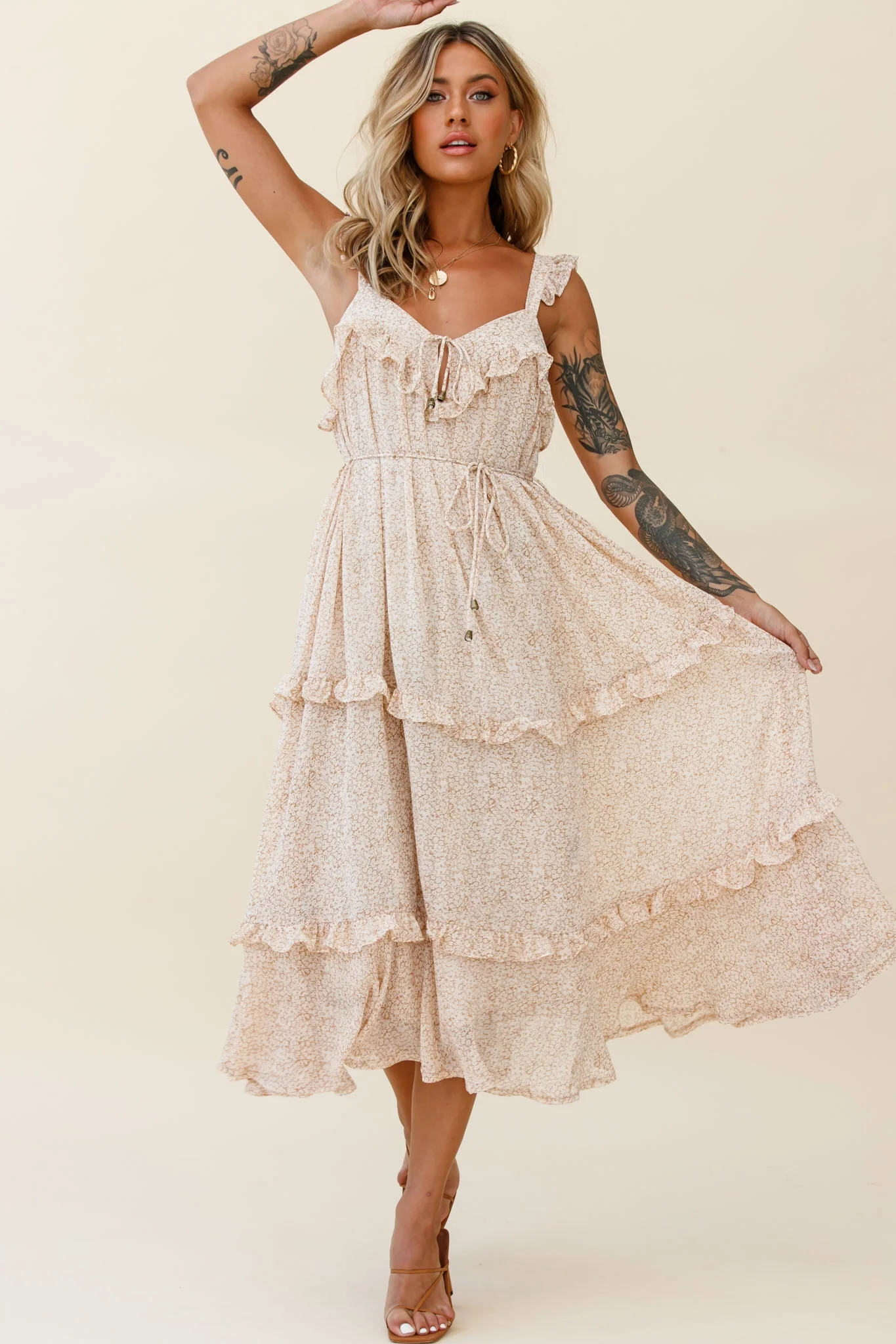 Priscilla Frill Detail Maxi Dress Floral Print Beige - Seraphlike