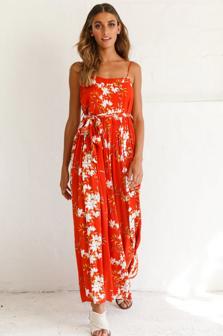 Morgan Square Neckline Wide-Leg Jumpsuit Floral Print Rust - Seraphlike