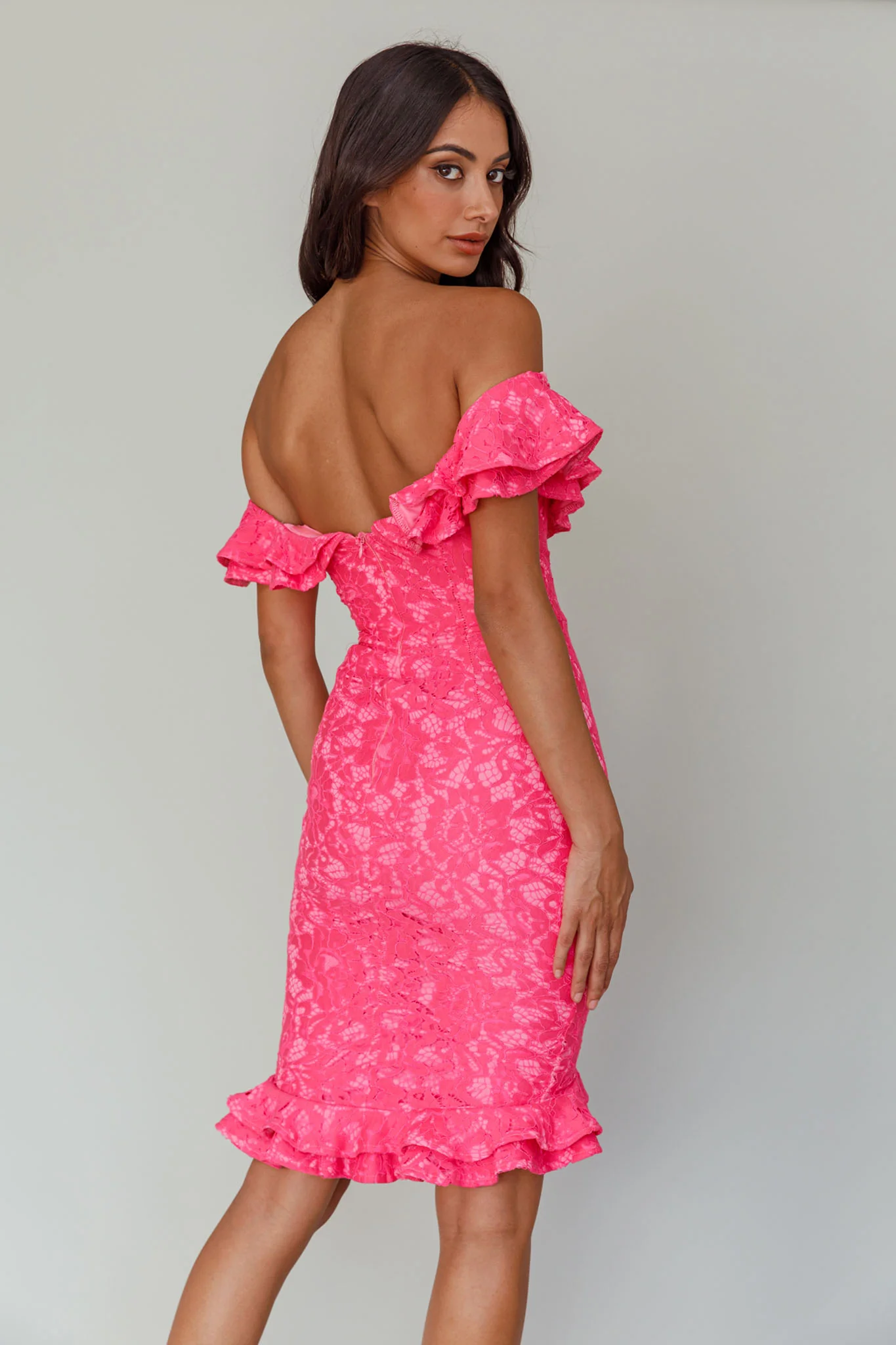 Rossi Off-Shoulder Double Ruffle Lace Dress Hot Pink - Seraphlike