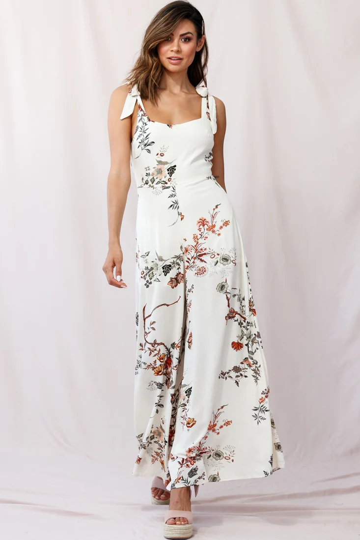Therese Tied-Shoulder Wide Leg Jumpsuit Floral Print Beige - Seraphlike
