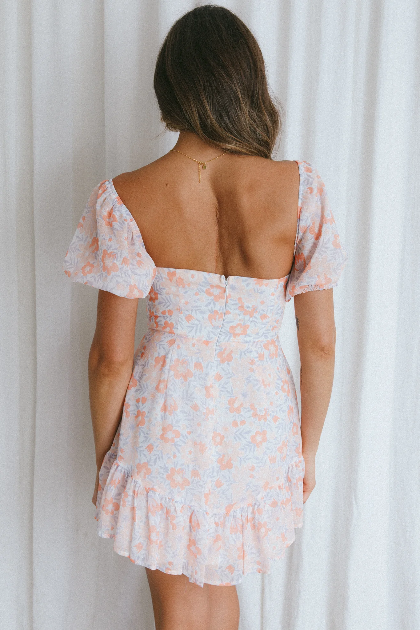 Cross My Heart V-Bust Frill Mini Dress Floral Orange - Seraphlike