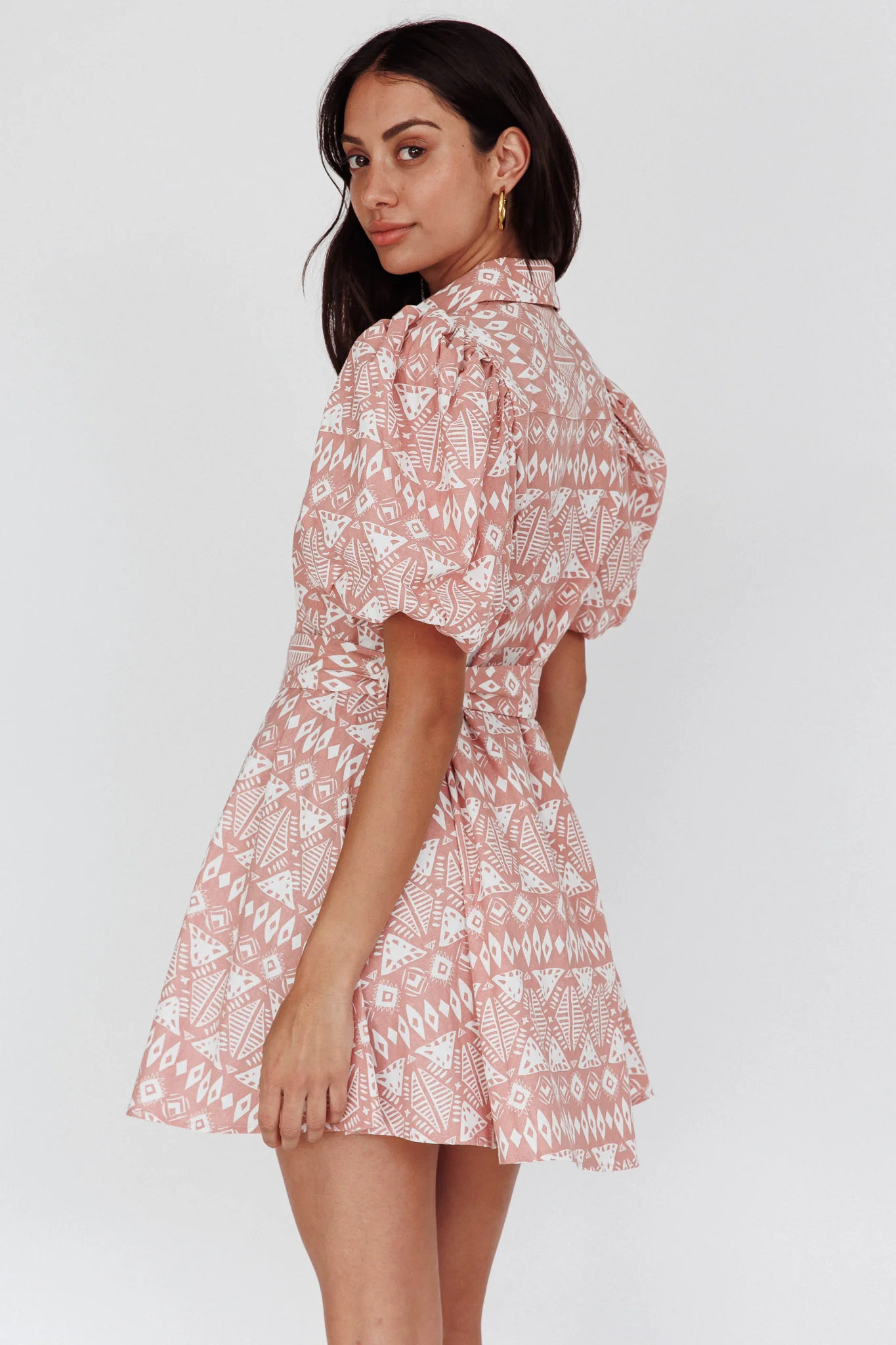 Nanette Puff Sleeve Belted Mini Dress Print Rose - Seraphlike
