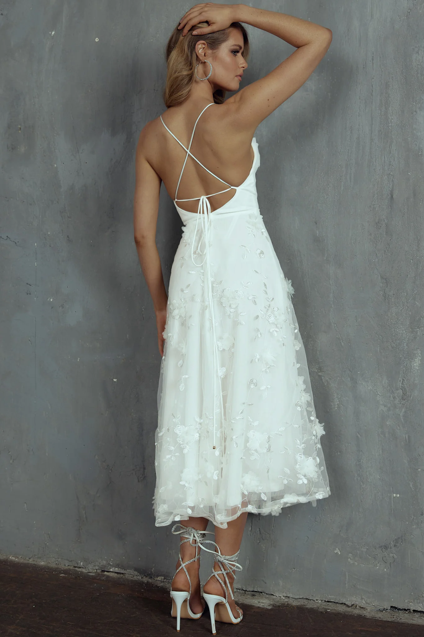 Floating By Pleated Neckline Mesh Midi Dress Embellished White - Seraphlike