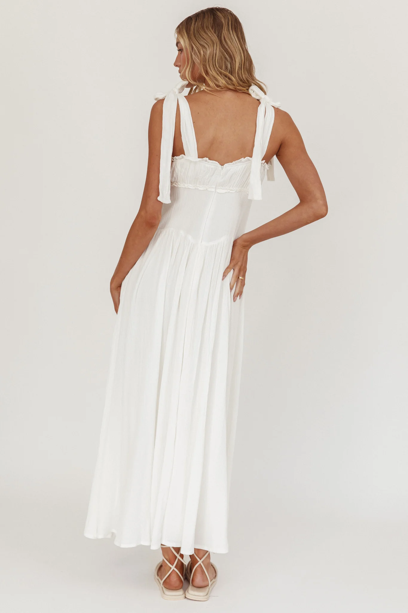 Albury Tied Shoulder Basque Waist Midi Dress White - Seraphlike