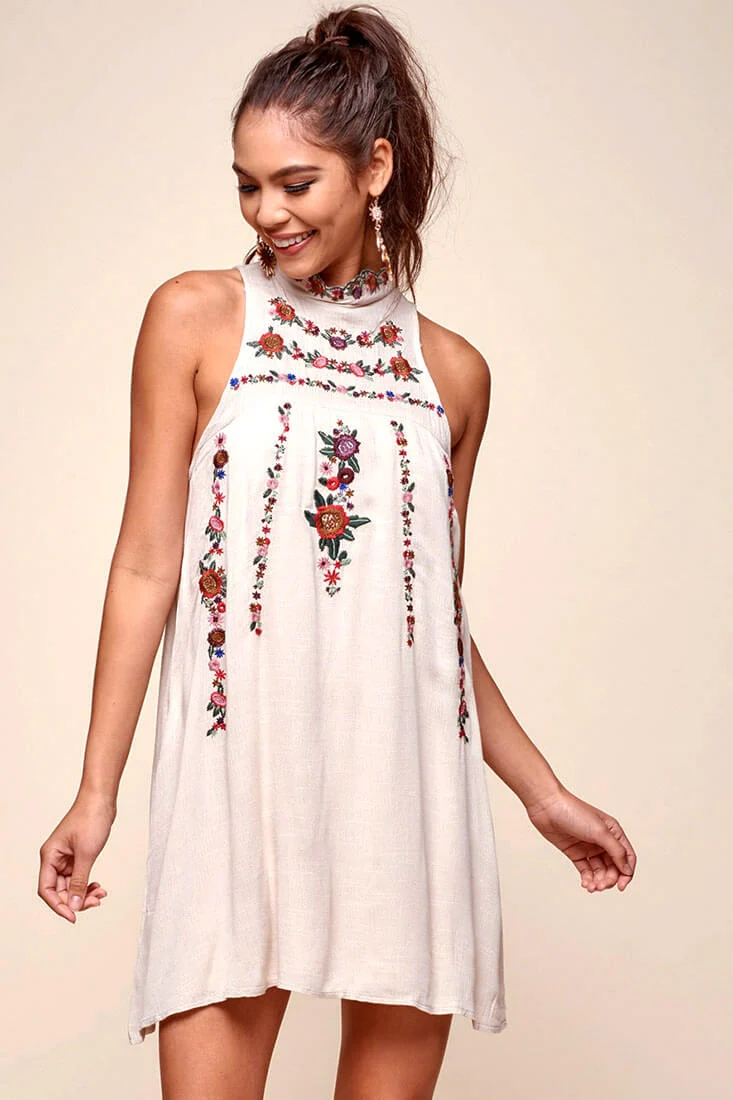 Shonda Floral Embroidered Detail Mid-Length Dress Beige - Seraphlike