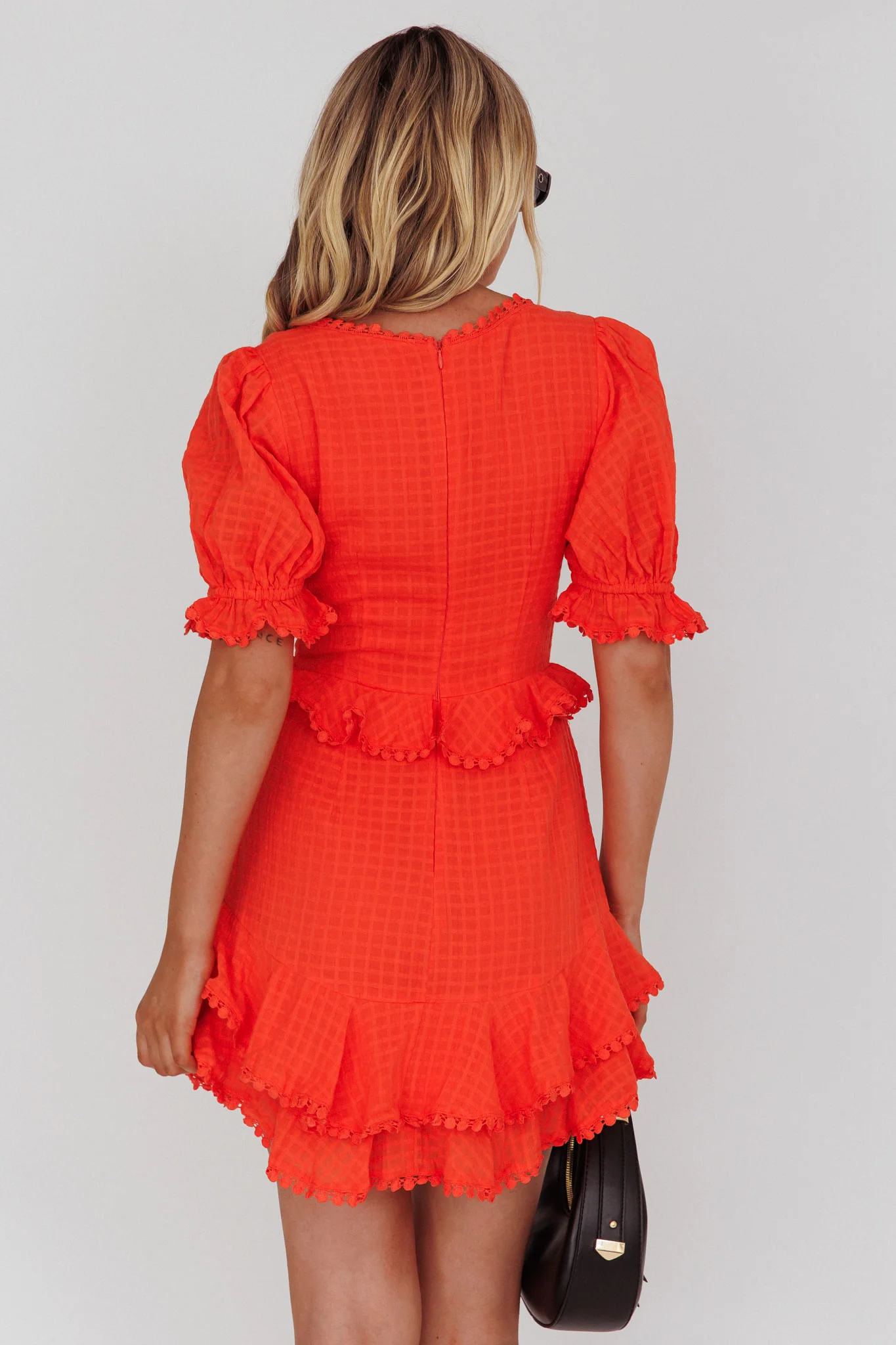 Preston Puff Sleeve Crochet Trim Dress Coral - Seraphlike