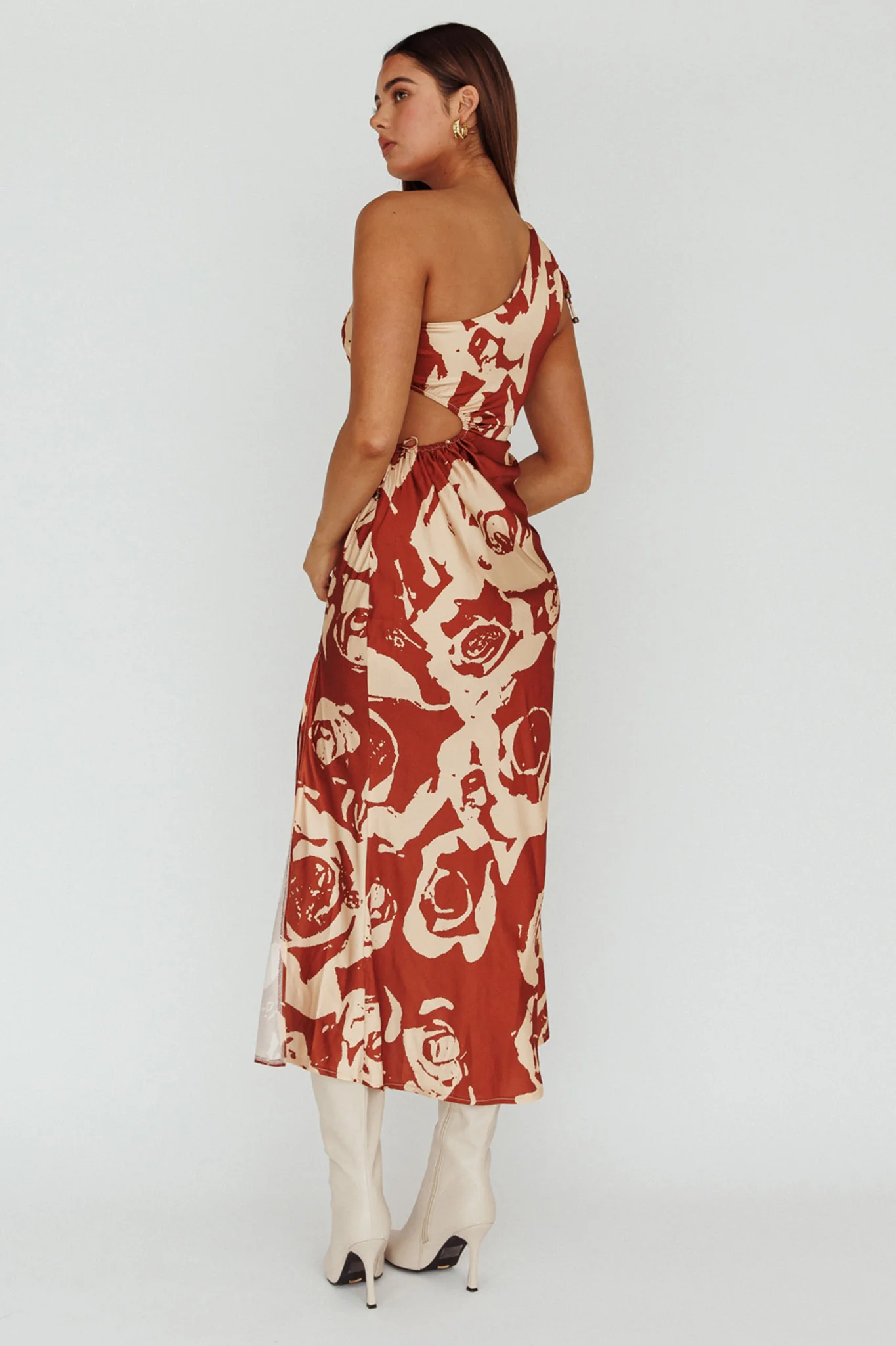 Charisma One-Shoulder Cut-Out Midi Dress Floral Coffee - Seraphlike