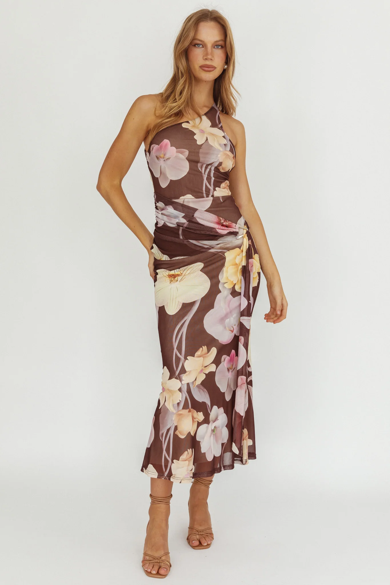 Kimbra Waist Sash Maxi Dress Floral Brown - Seraphlike