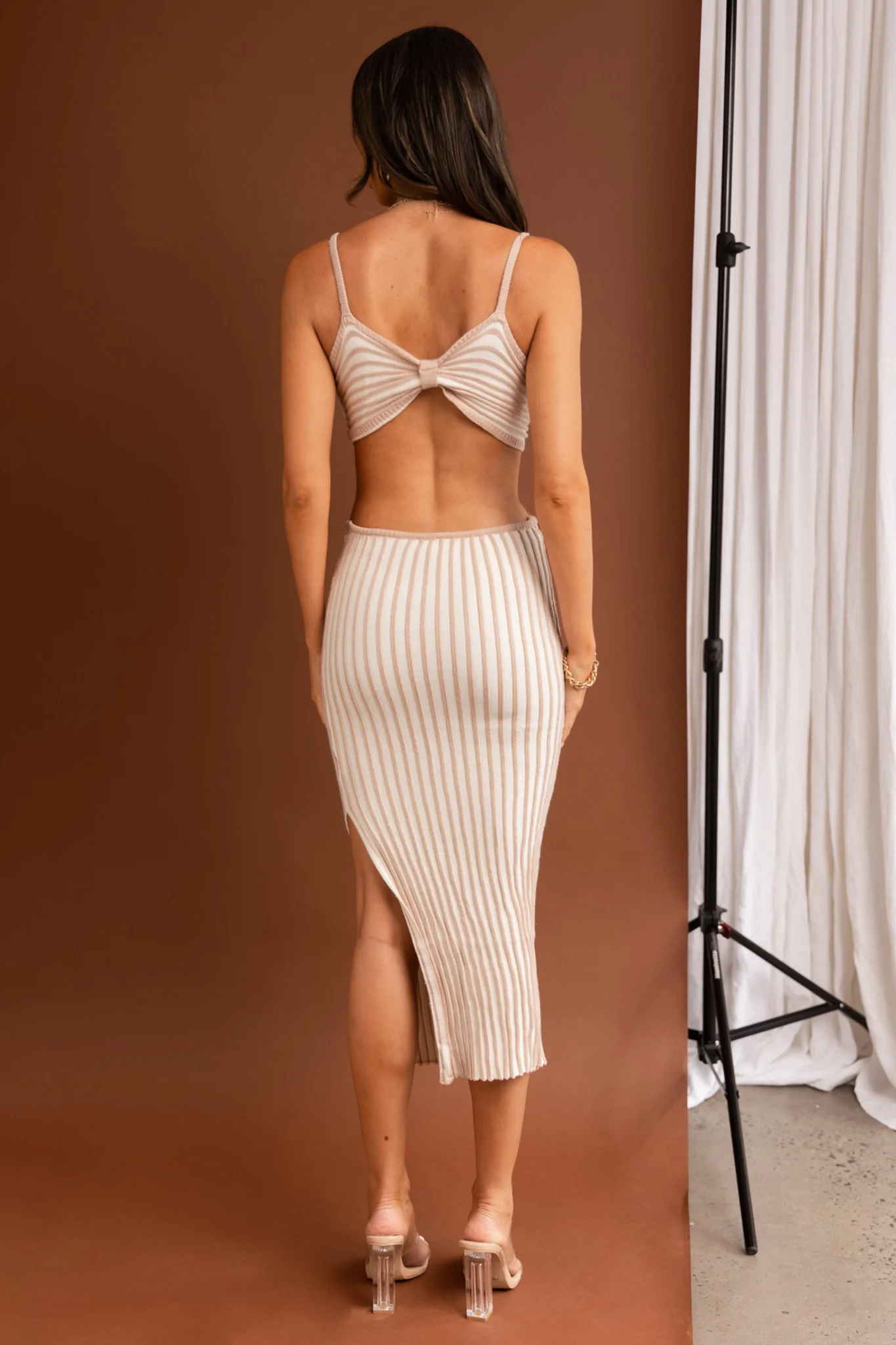 Sweepstakes Ribbed Knit Cut-Out Bodice Midi Dress Striped Beige - Seraphlike