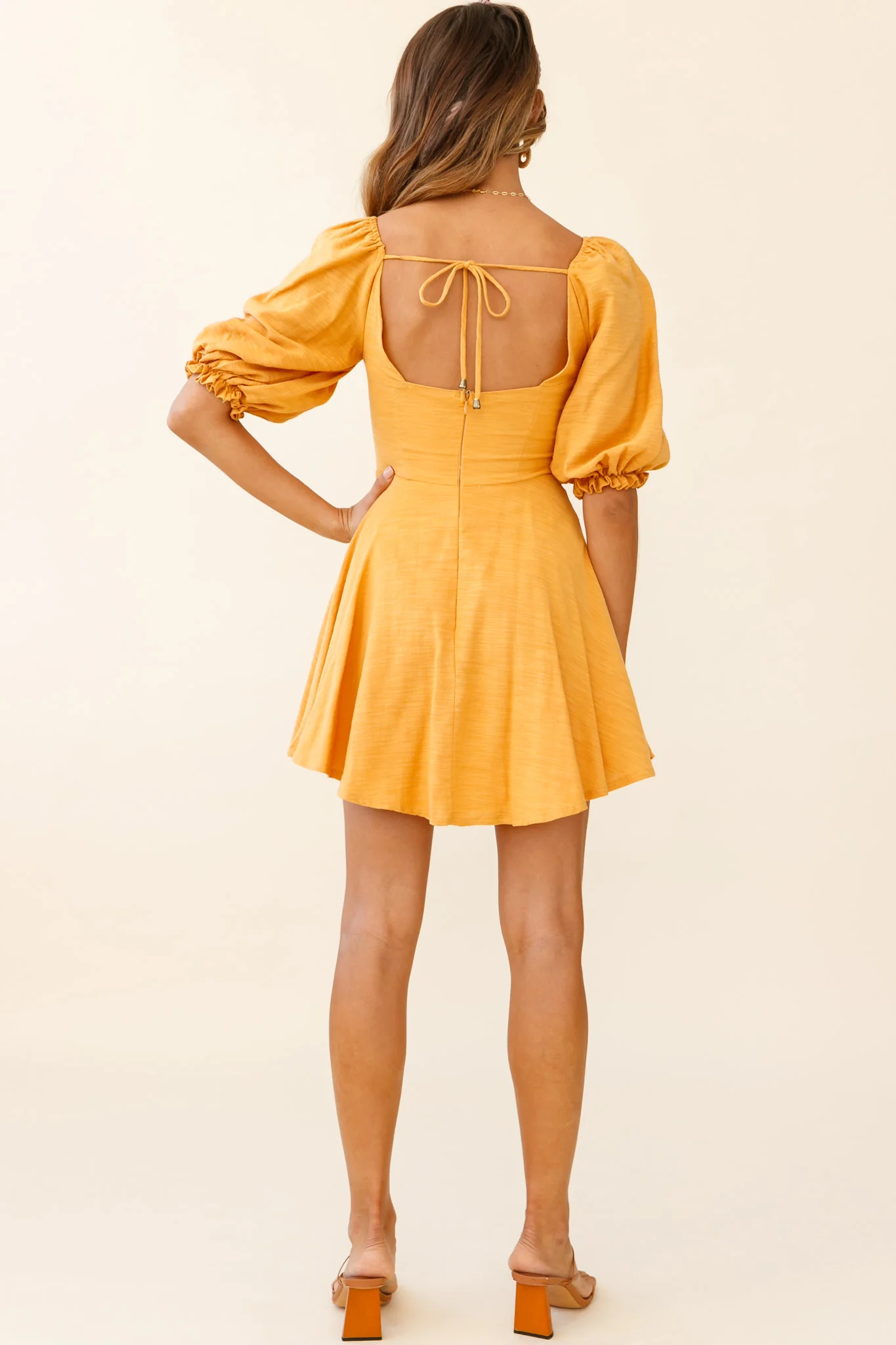 Sweet Dreams Puff Sleeve Bow Detail Dress Sunset - Seraphlike