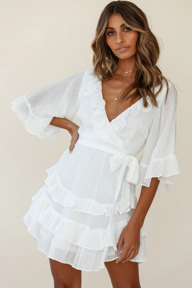 Time Will Tell Angel Sleeve Frill Detail Dress White - Seraphlike