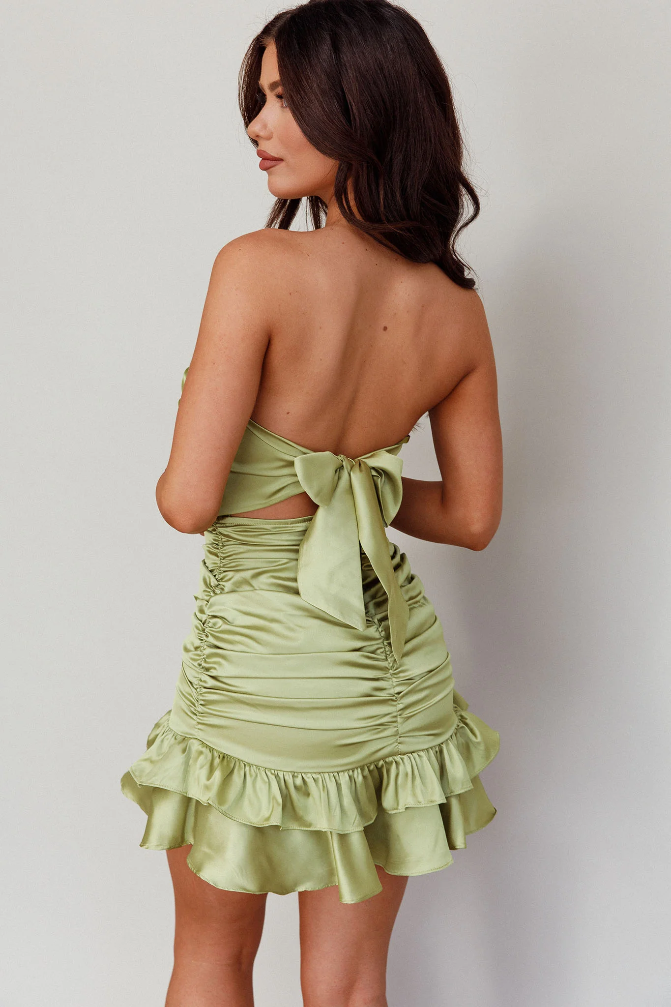 Annabella Strapless Tied Back Frill Hem Mini Dress Olive - Seraphlike