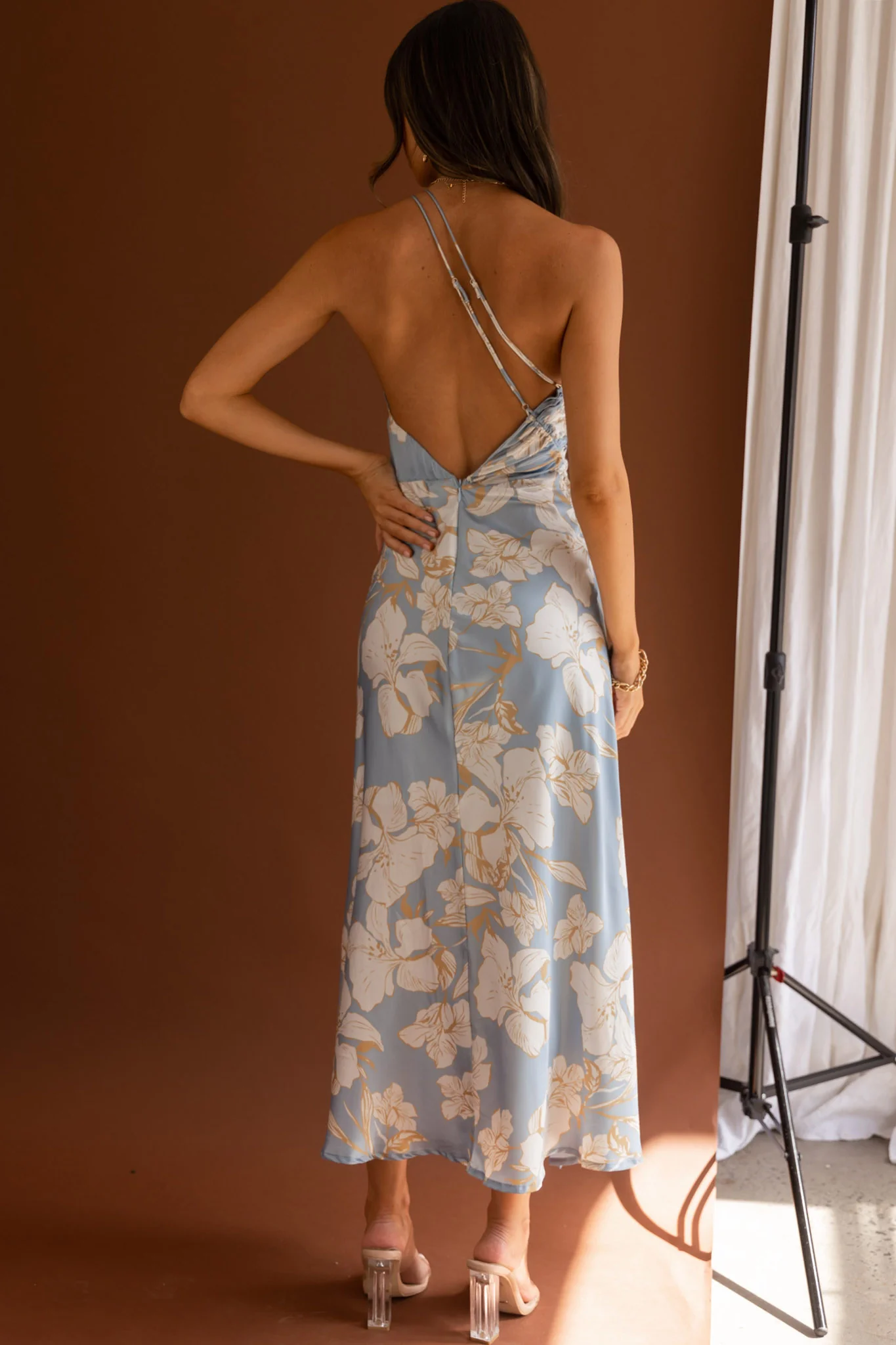 Casa Del Mar One-Shoulder Ruched Midi Dress Floral Blue - Seraphlike