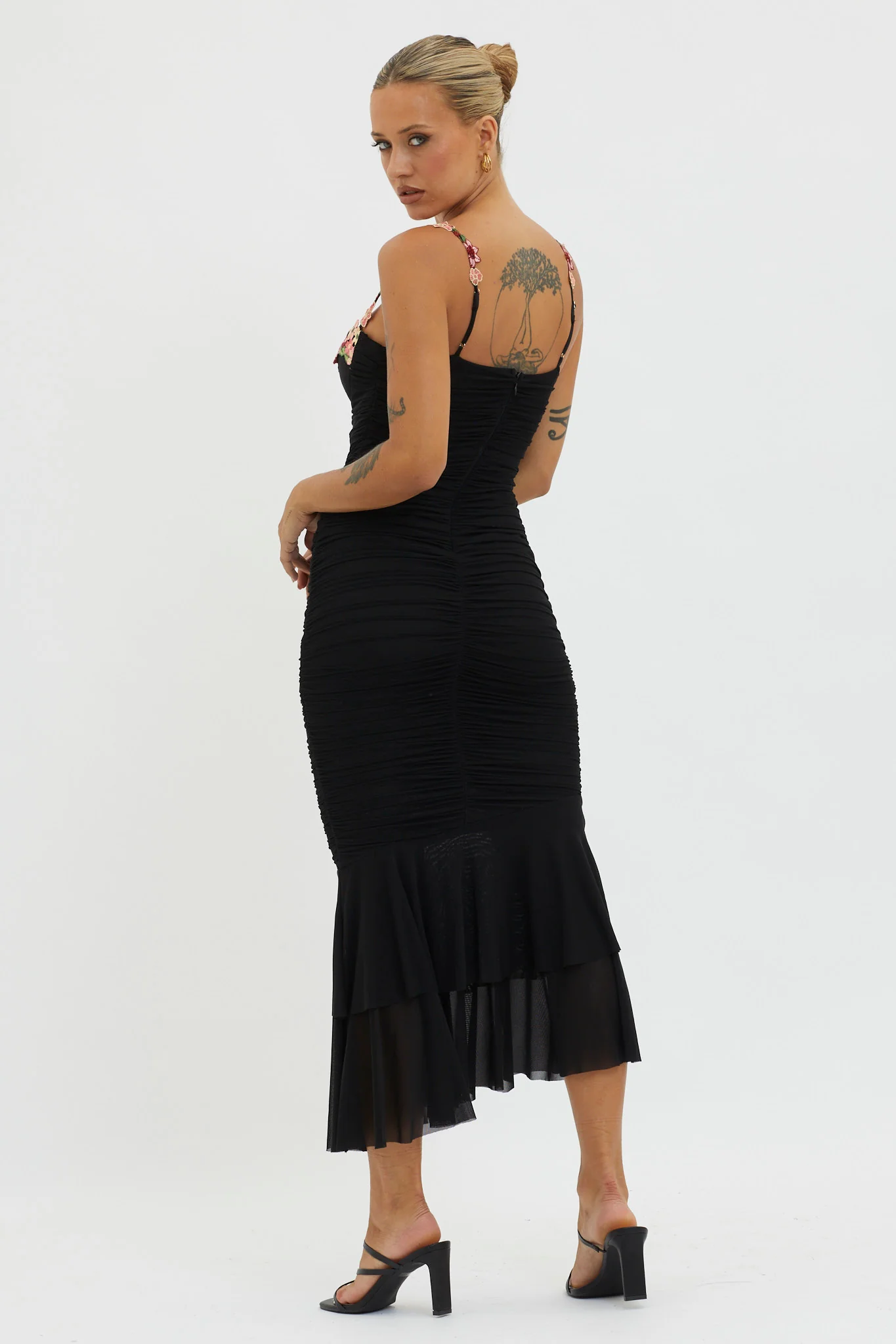 Rose Garden Ruched Mesh Midi Dress Black - Seraphlike