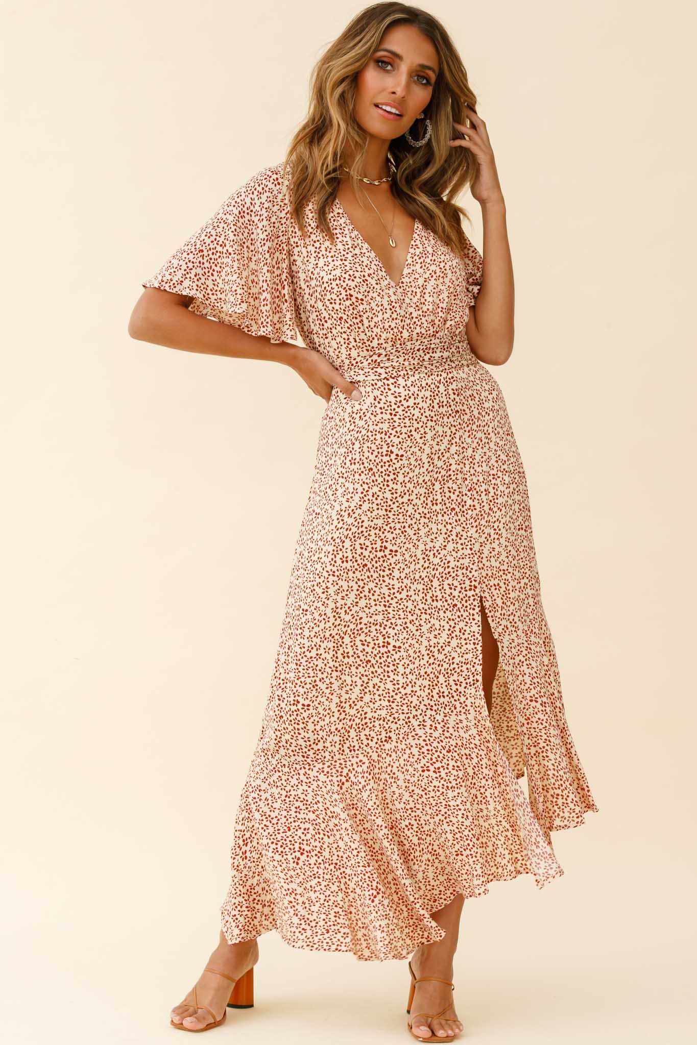 Friday Surplice Neckline Front Split Maxi Dress Floral Print Beige - Seraphlike