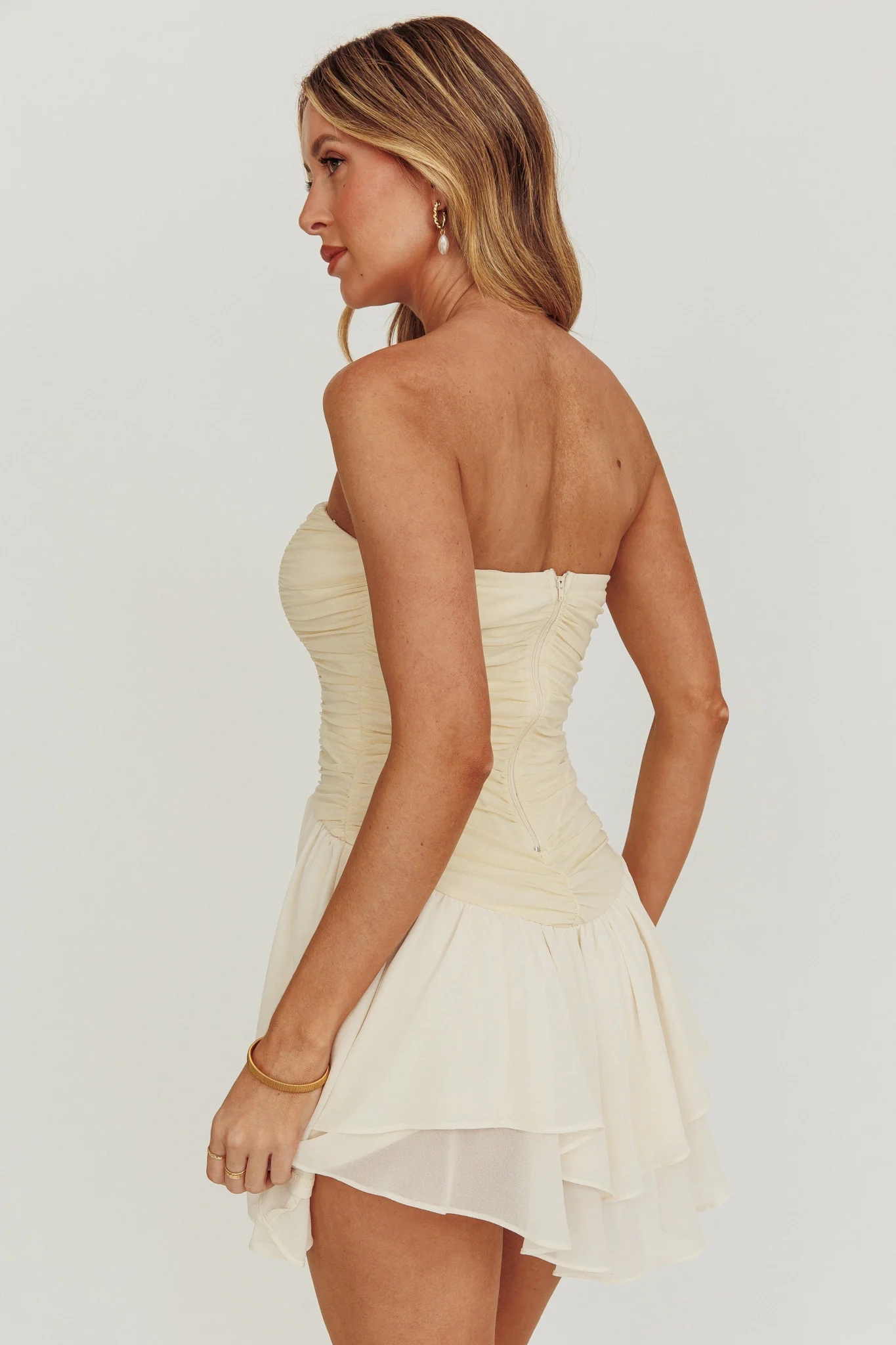 Cherry Lips Strapless Chiffon Mini Dress Cream - Seraphlike