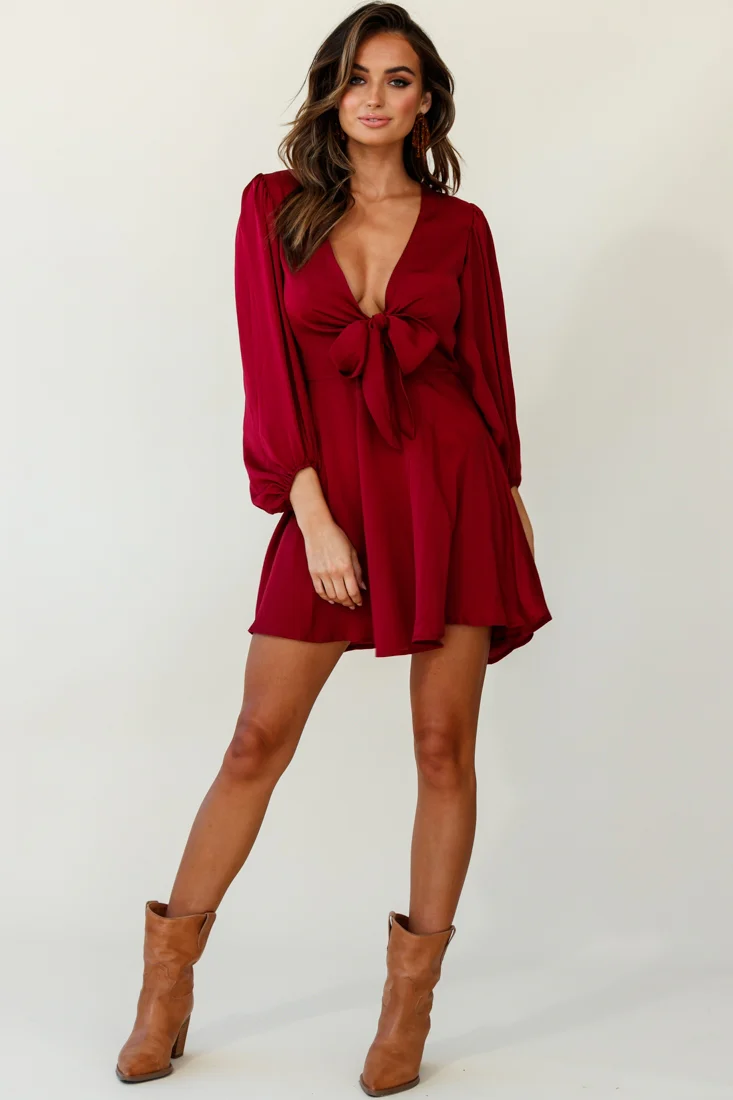 Madison Bow Tie Bust Balloon Sleeve Dress Wine - Seraphlike