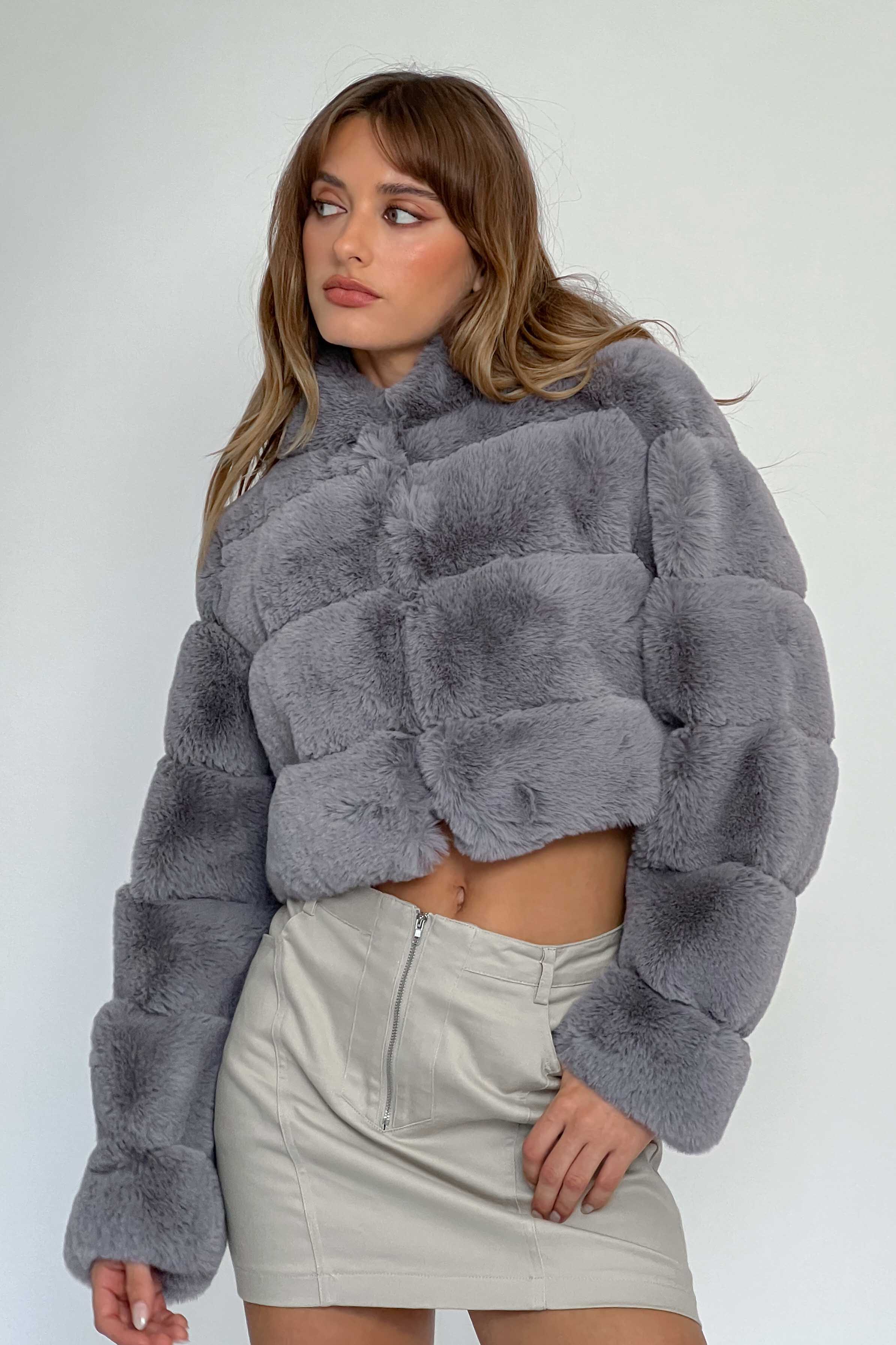 Polina Hooded Faux Fur Jacket Grey - Seraphlike