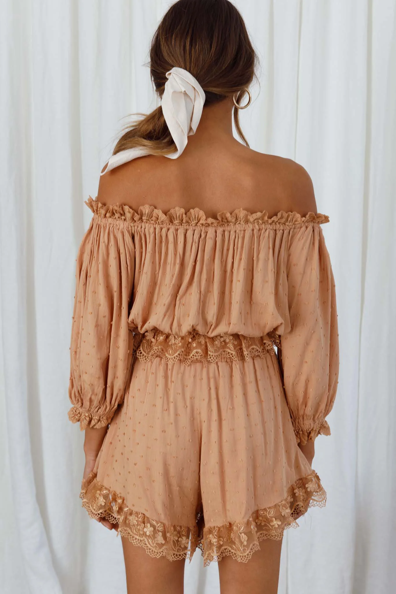 Romilly Scalloped Lace Trim Off-Shoulder Top Tan - Seraphlike