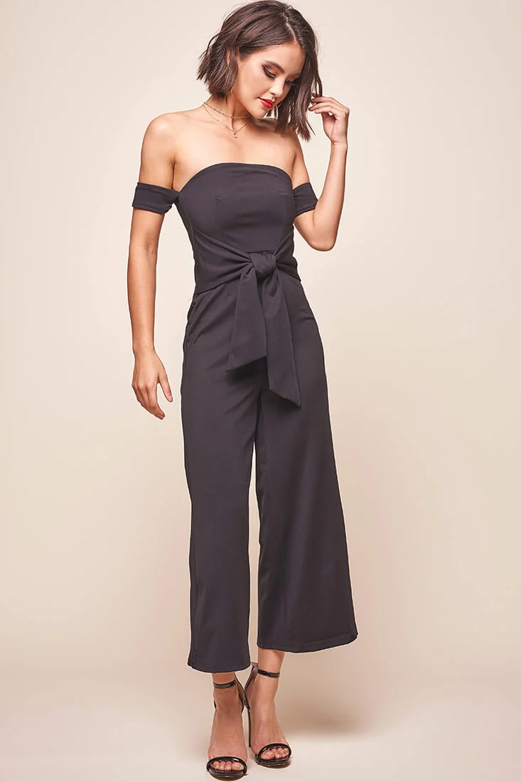 Joan Off Shoulder Waist Tie Wide Leg Jumpsuit Black - Seraphlike