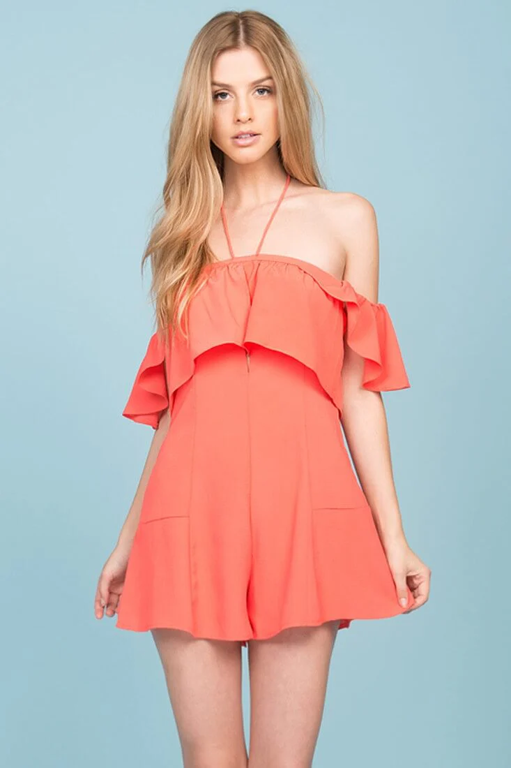 Aliyah Off The Shoulder Ruffle Overlay Romper Coral - Seraphlike
