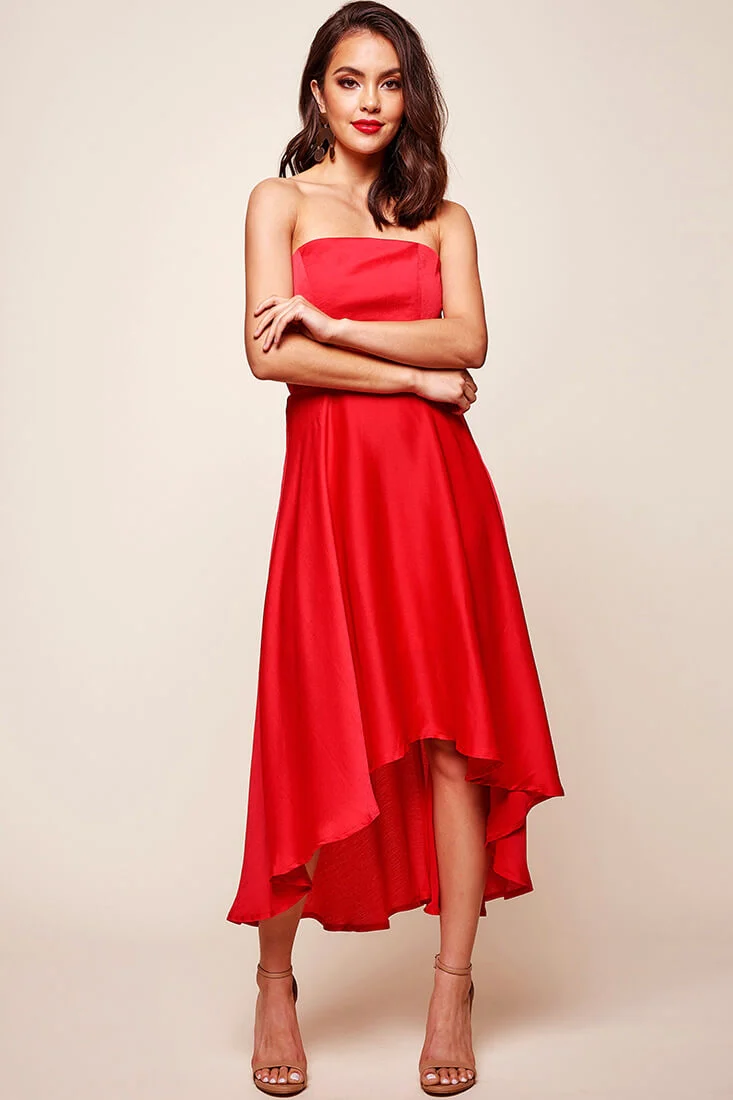 Mia Strapless A-Line Midi Dress Red - Seraphlike