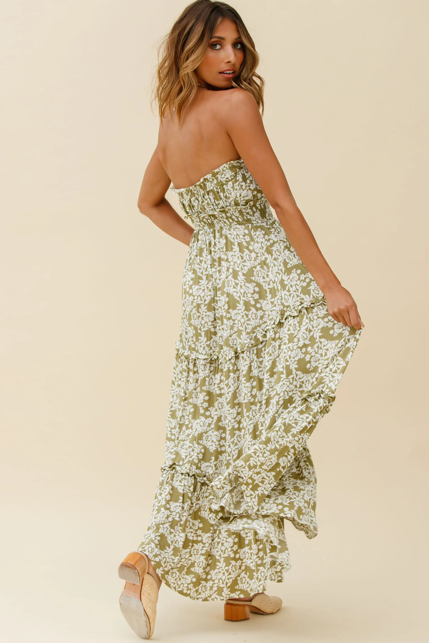 Take Me Away Strapless Maxi Dress Floral Print Green - Seraphlike