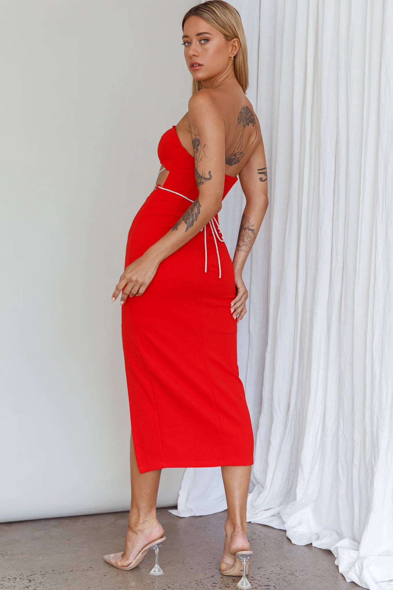 Nohemi Strapless Diamante Midi Dress Red - Seraphlike