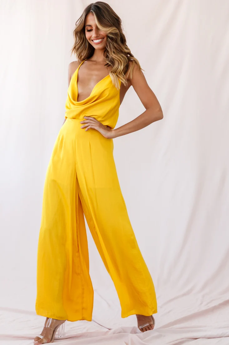 Jaclyn Wide-Leg Cowl Neck Jumpsuit Mustard - Seraphlike
