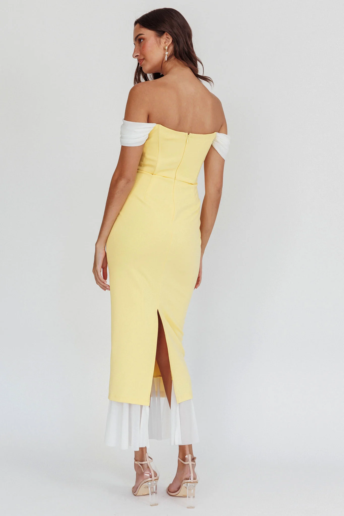 Freesia Off Shoulder Bodycon Midi Dress Lemon - Seraphlike