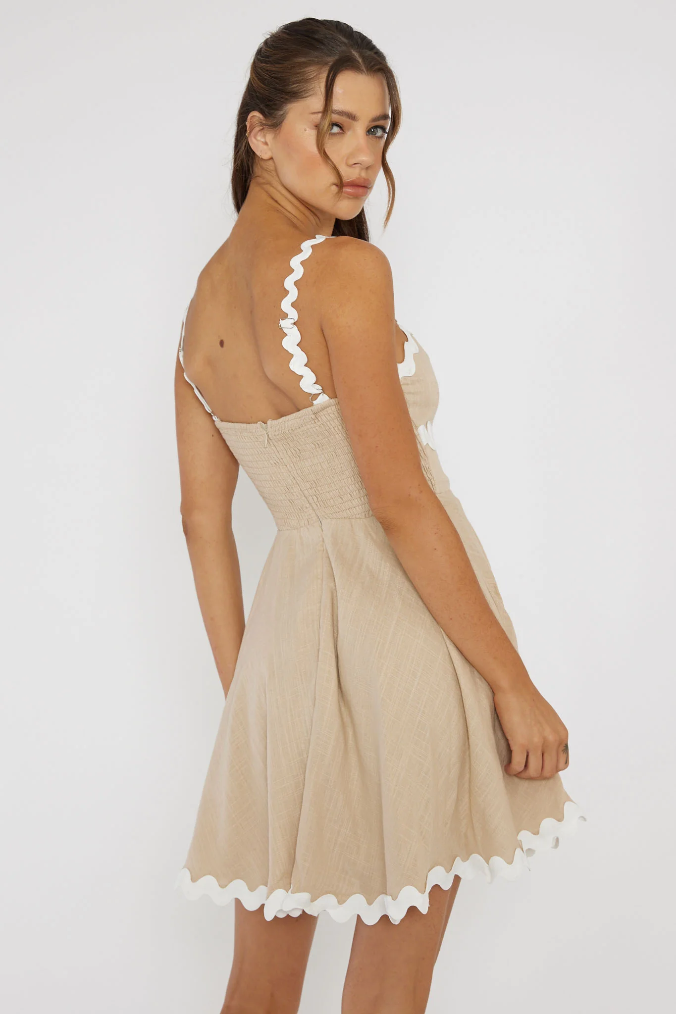 Won Me Over Ric Rac Trim Mini Dress Beige - Seraphlike