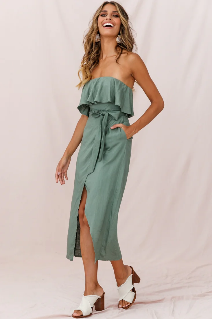Hamilton Bandeau Ruffle Midi Dress Olive - Seraphlike