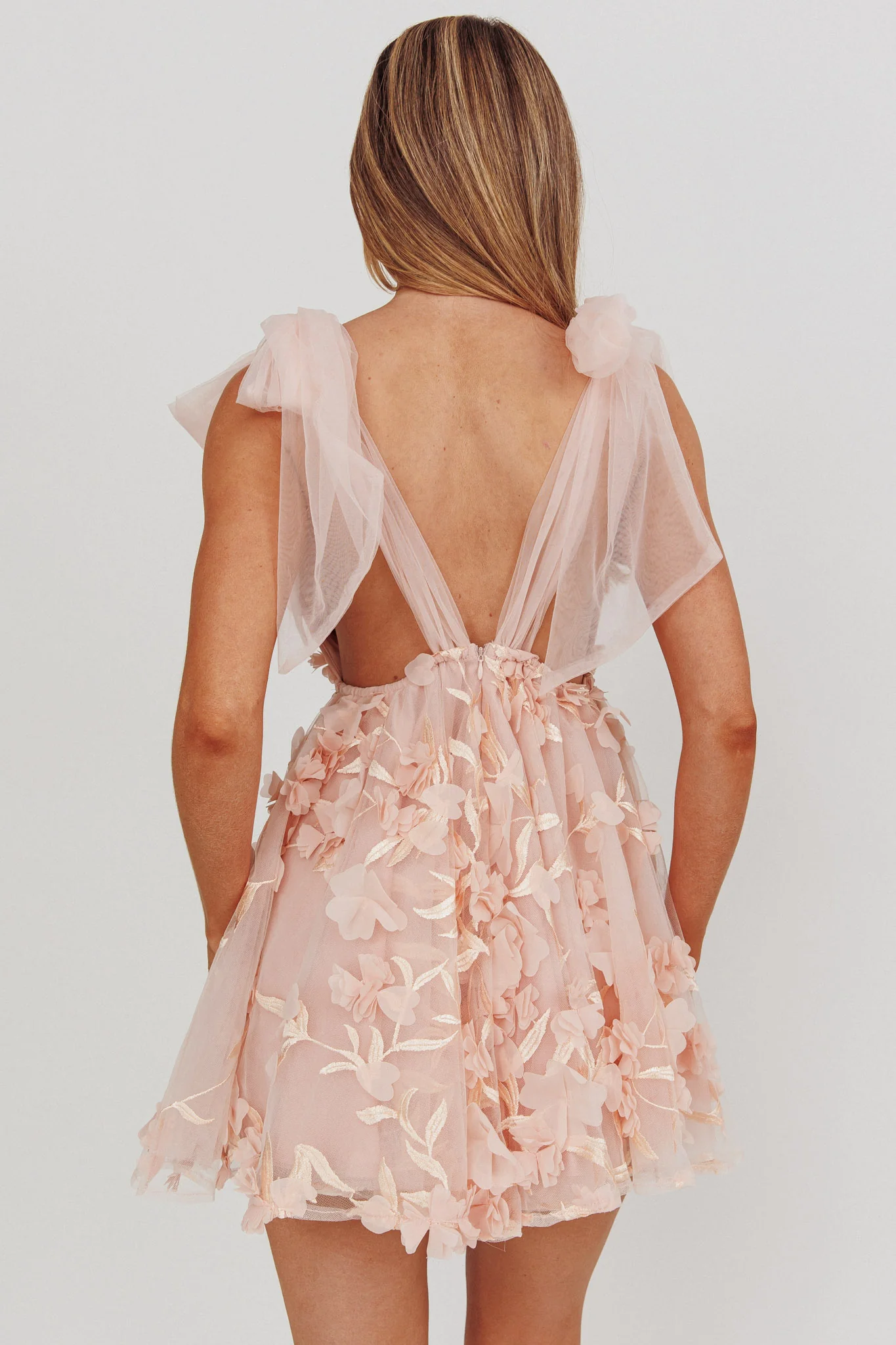 Chantilly Tied Shoulder Mini Dress Floral Embellished Pink - Seraphlike