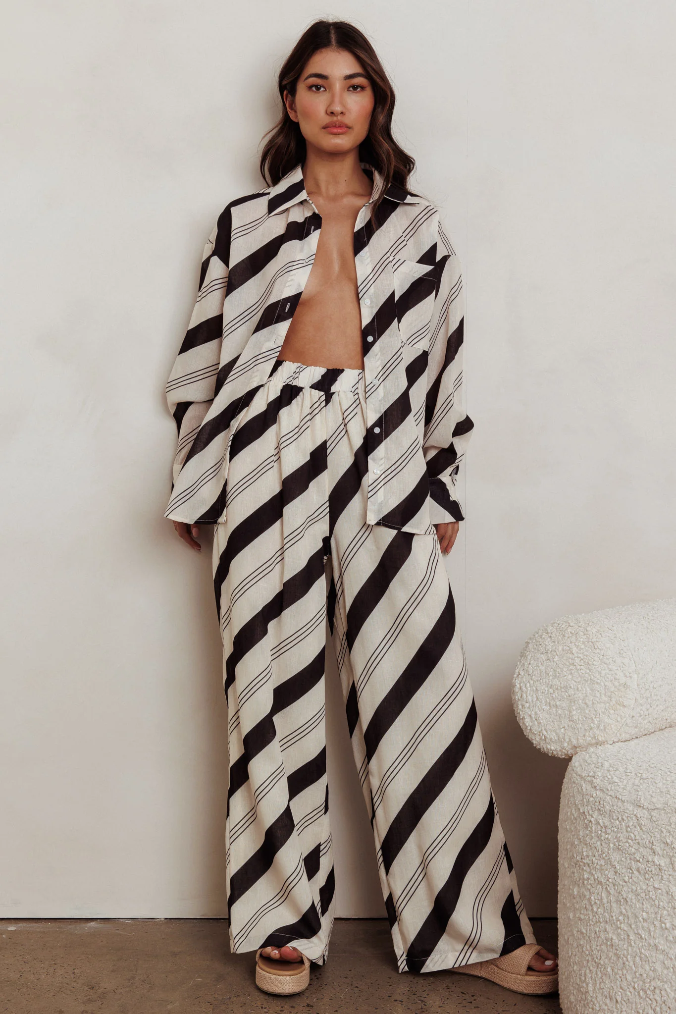 Alex Long Sleeve Striped Print Shirt Black/Cream - Seraphlike