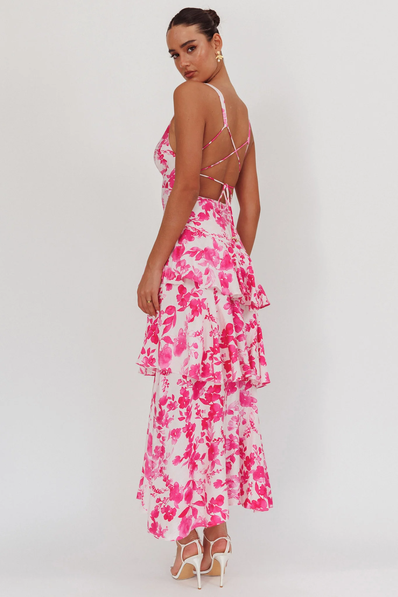 Veda Strappy Back Ruffle Maxi Dress Floral Fuchsia - Seraphlike