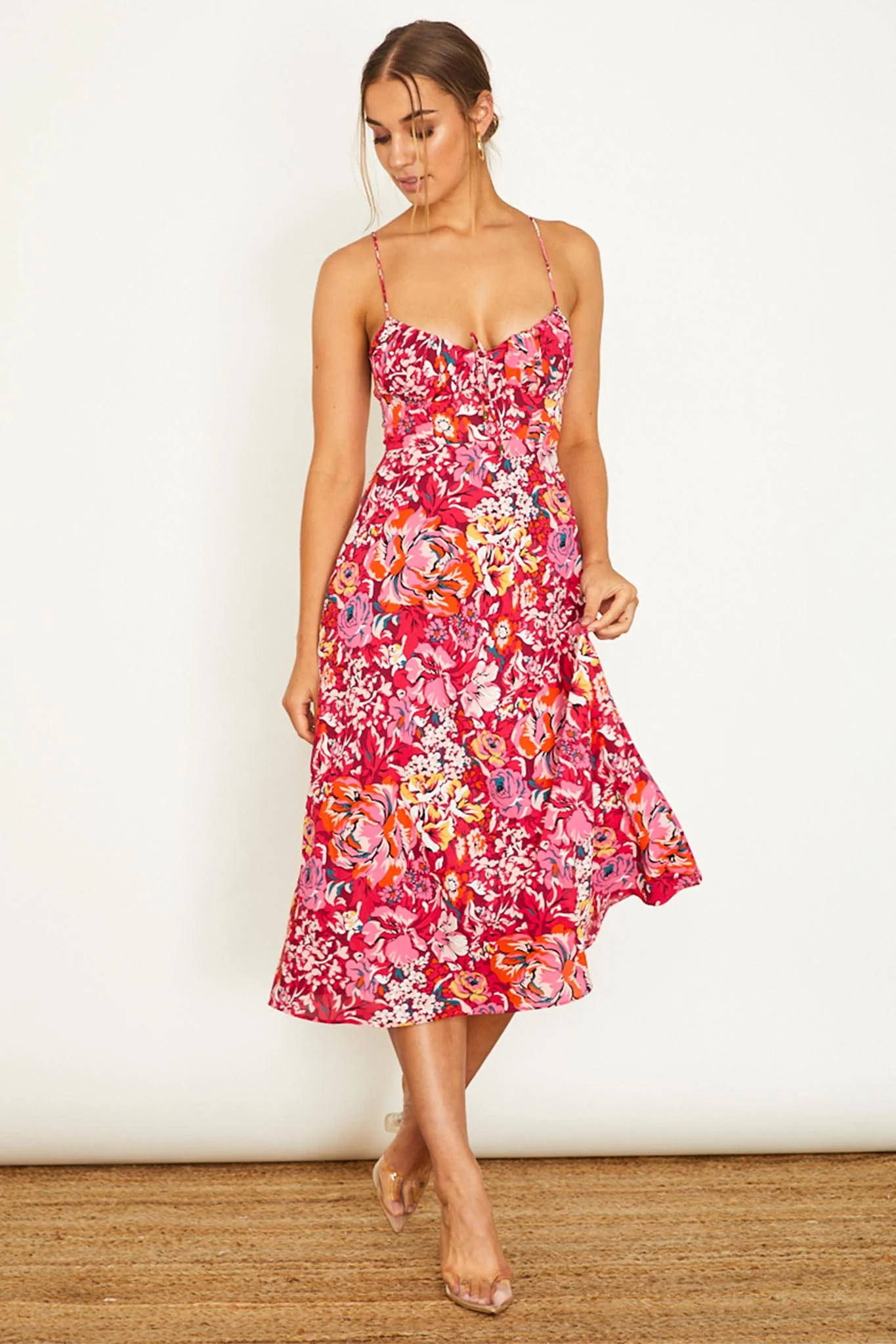 Malibu Gathered Bust Cami Strap Midi Dress Floral Red - Seraphlike