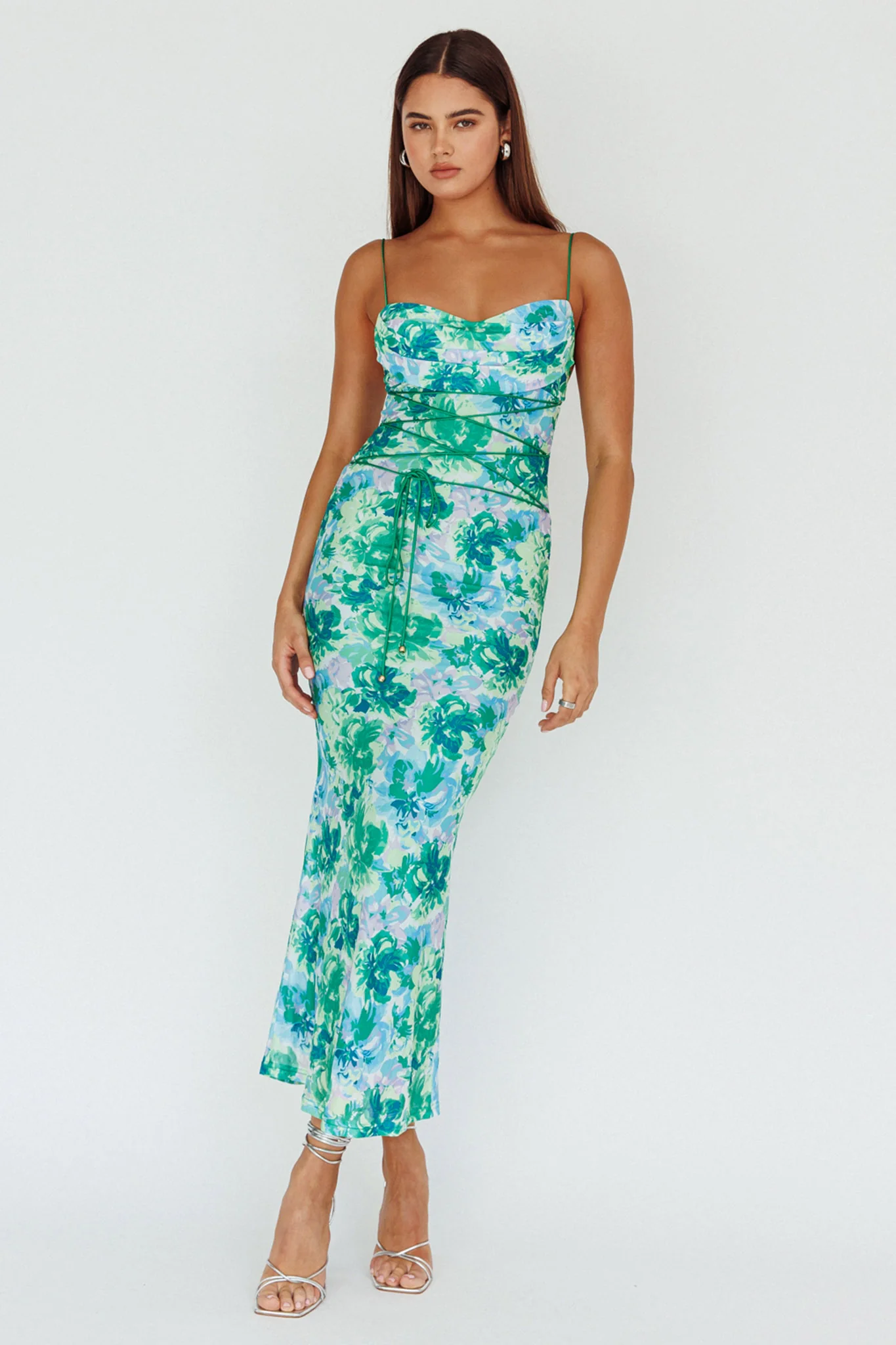 Teava Laced Waist Midi Dress Floral Green - Seraphlike