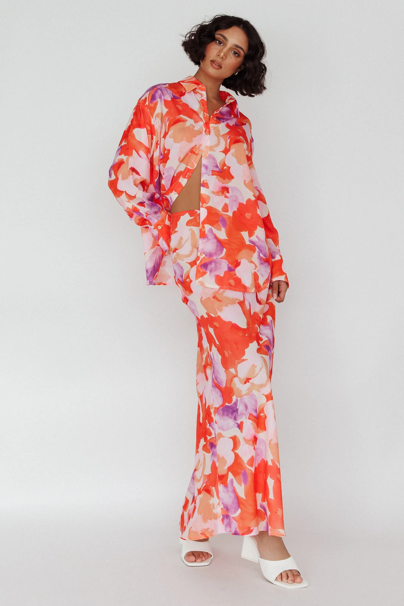 Vacation Midi Skirt Floral Orange/Purple - Seraphlike