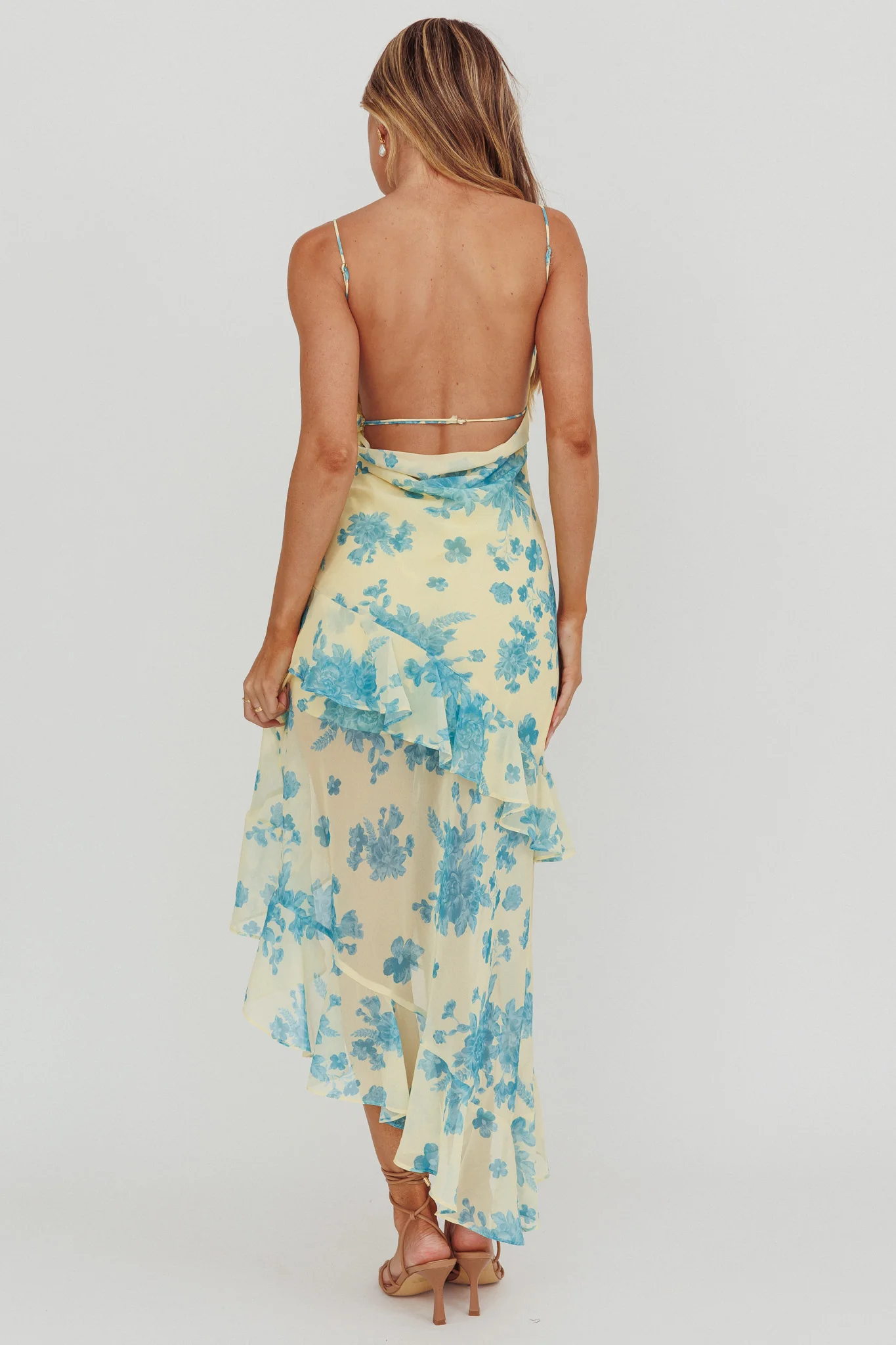 Chances Rosette Ruffle Midi Dress Floral Lemon - Seraphlike