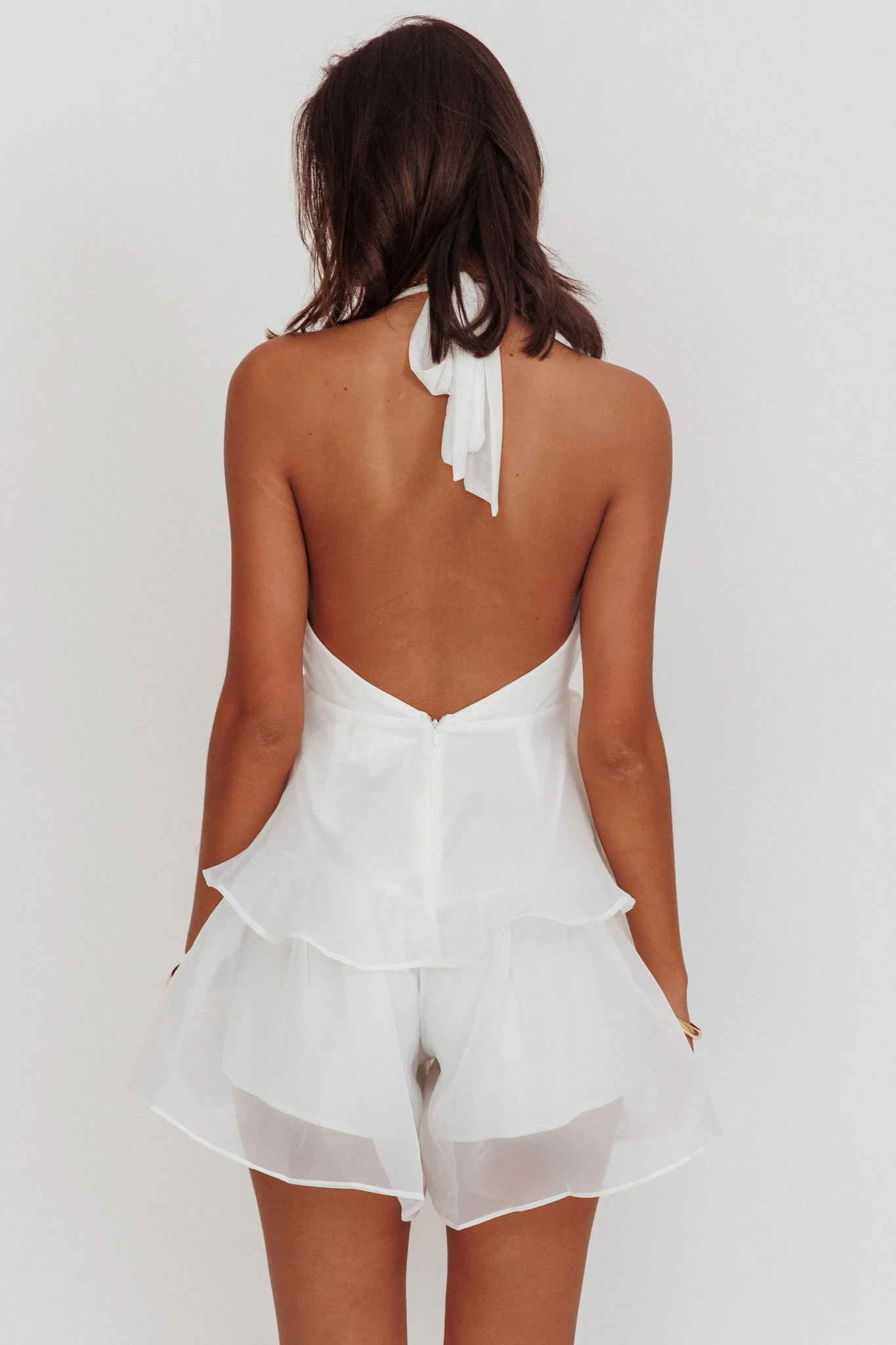 Behati Tiered Ruffles Halterneck Romper White - Seraphlike