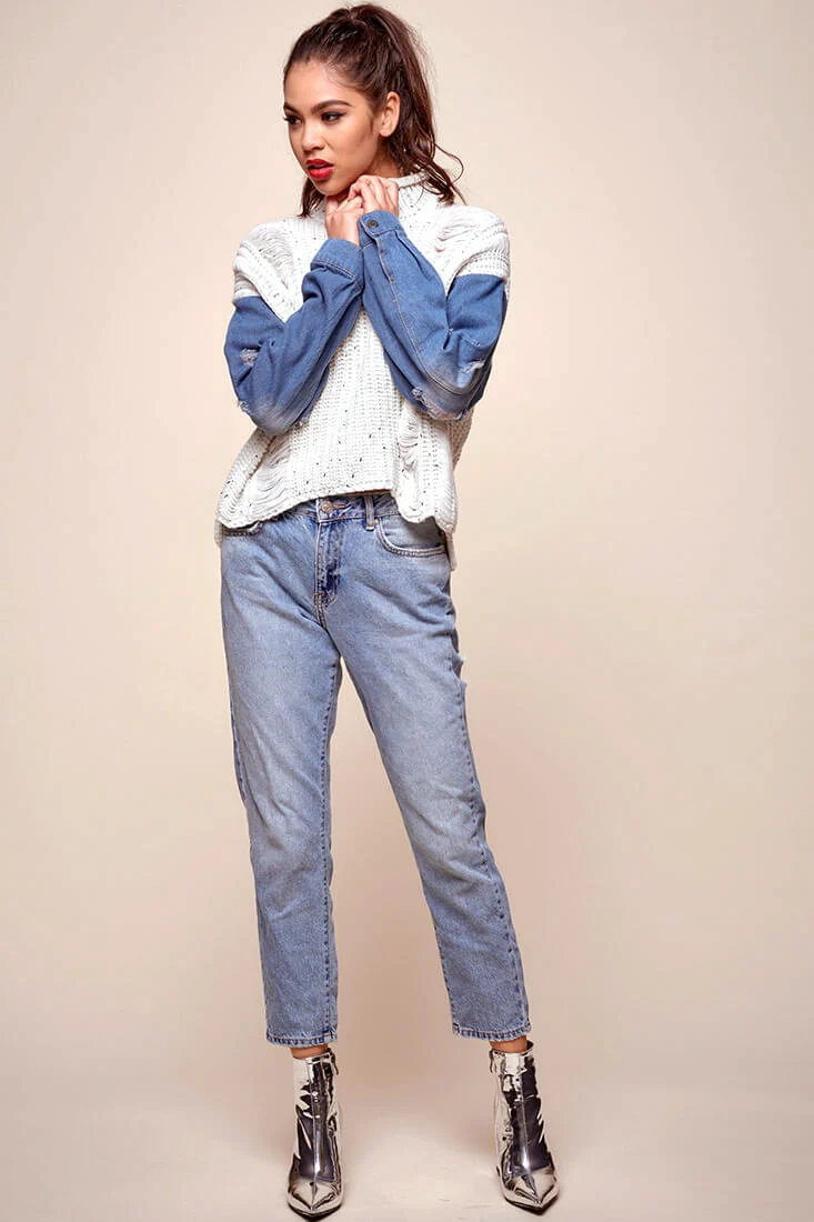 Dawn Denim Sleeved Knit Sweater Marble Blue - Seraphlike