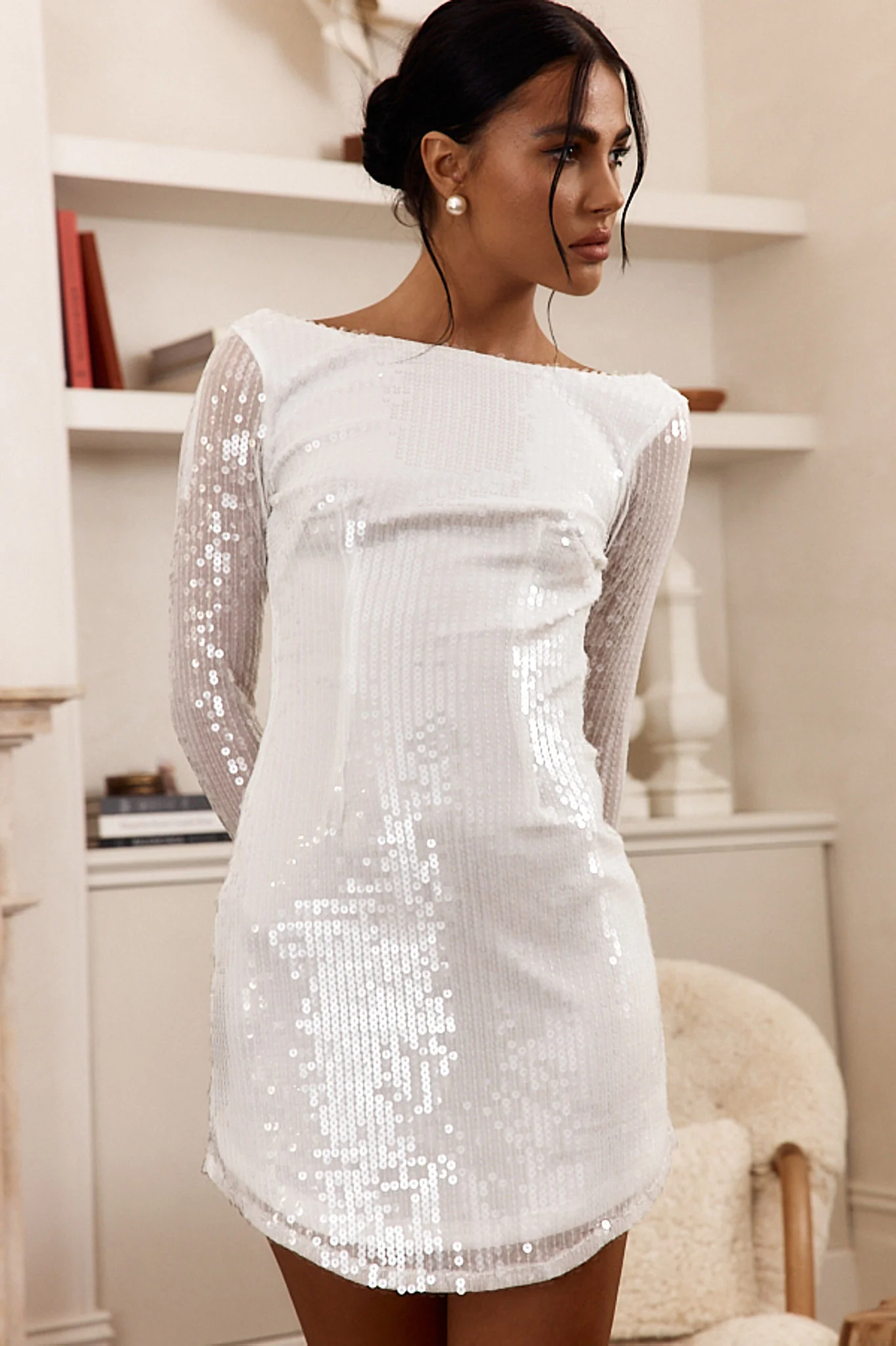 Karma Long Sleeve Keyhole Back Sequin Dress White - Seraphlike