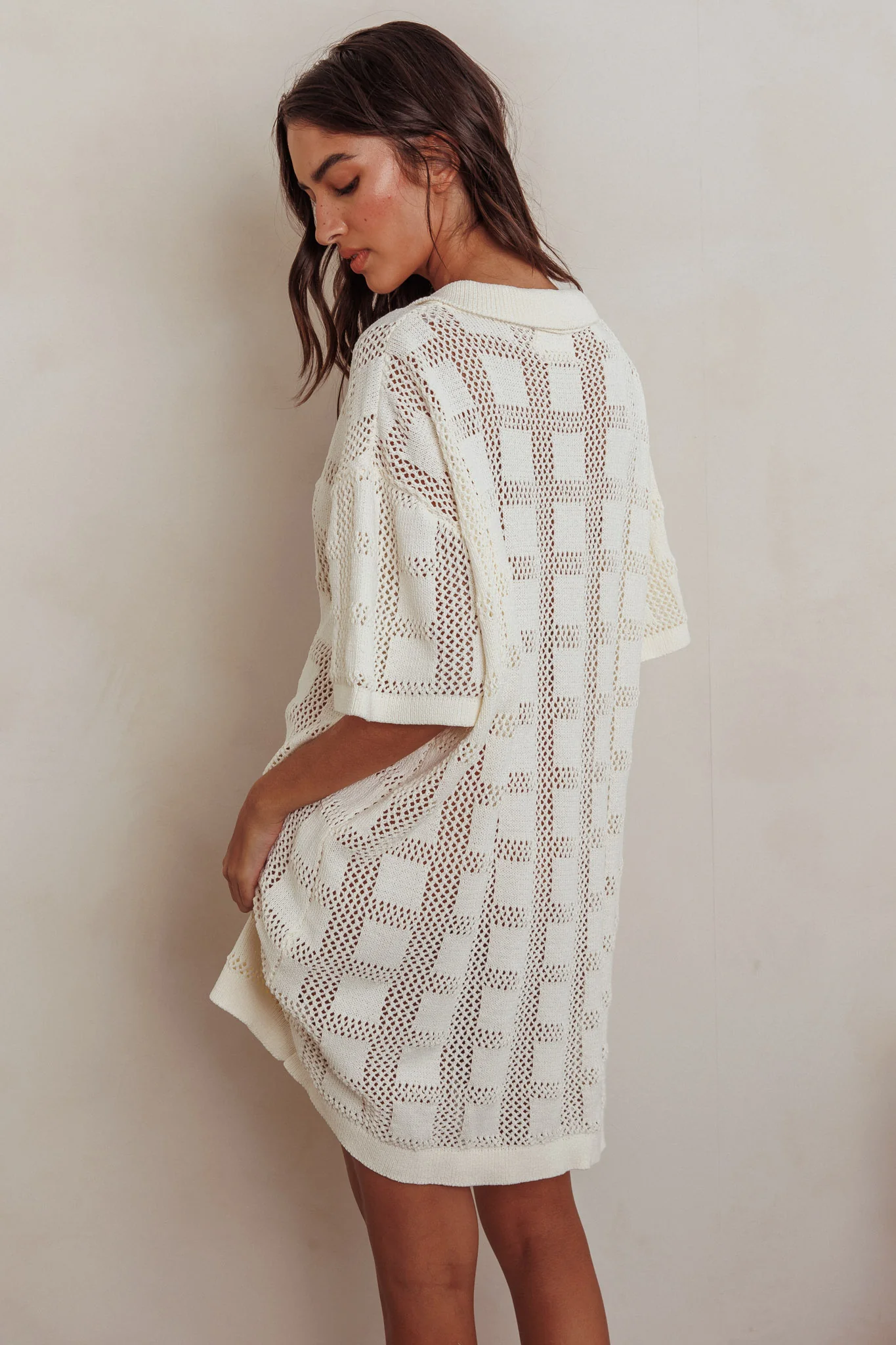 Best Friend Knit Shirt Dress Beige - Seraphlike