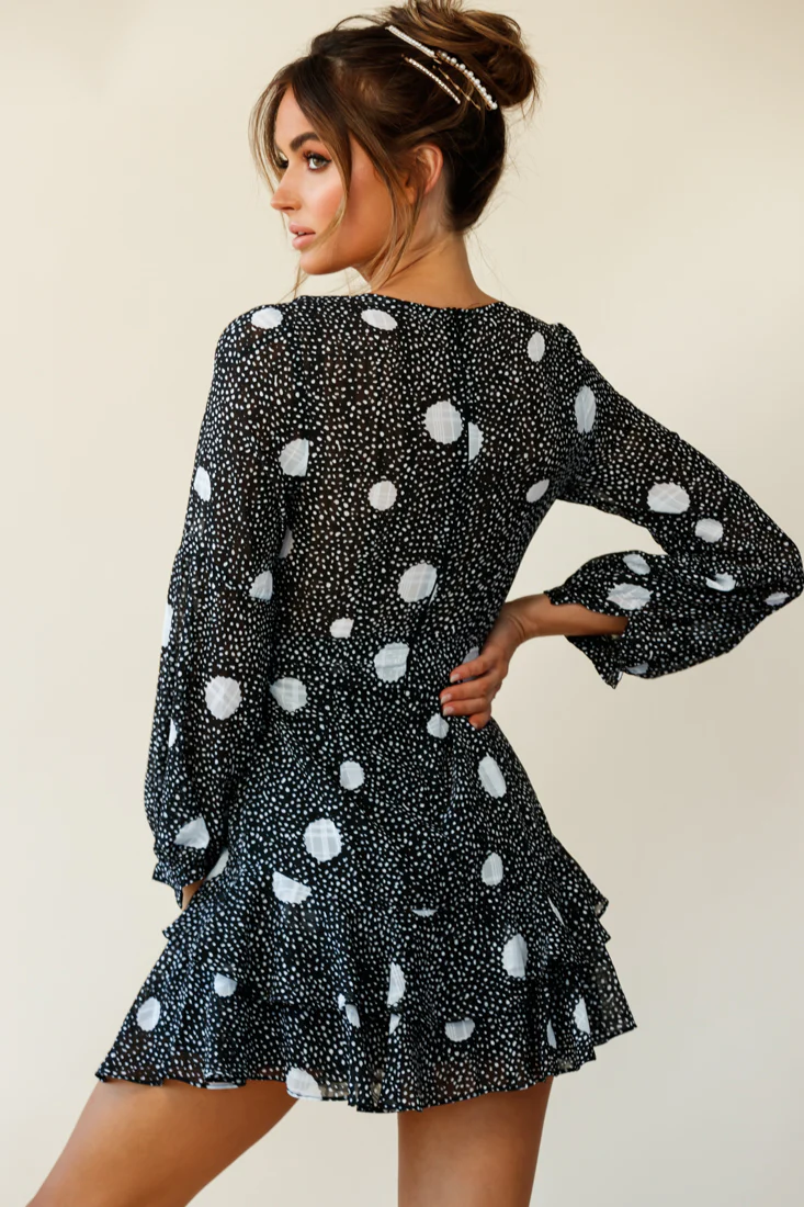 Kerry Layered Balloon Sleeve Dress Spot Print Black - Seraphlike