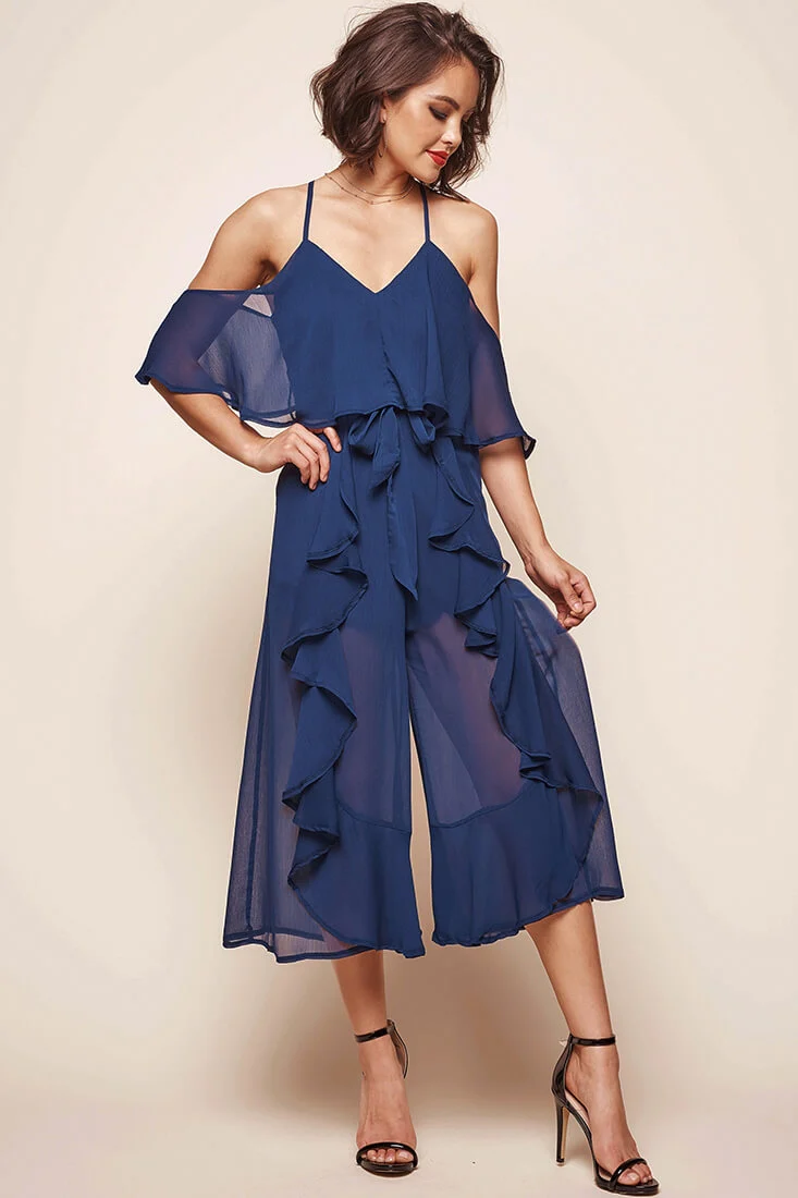 Constance Midi Ruffle Jumpsuit Navy - Seraphlike