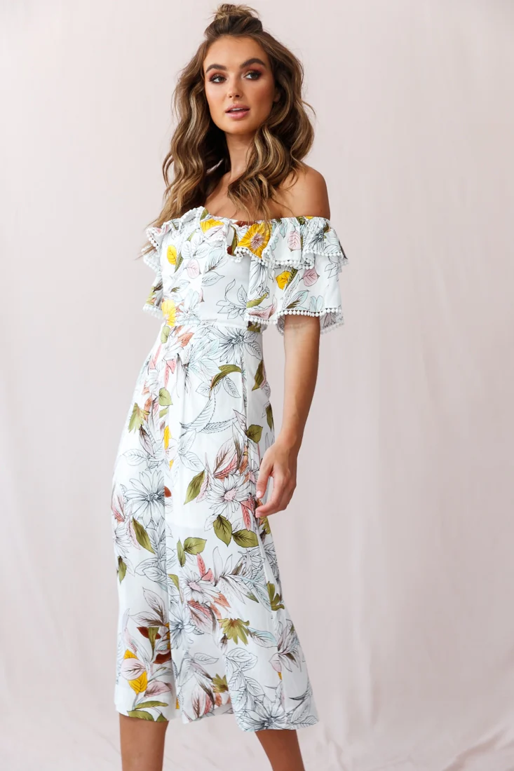 Keeper Off-Shoulder Culotte Jumpsuit Floral Print White - Seraphlike