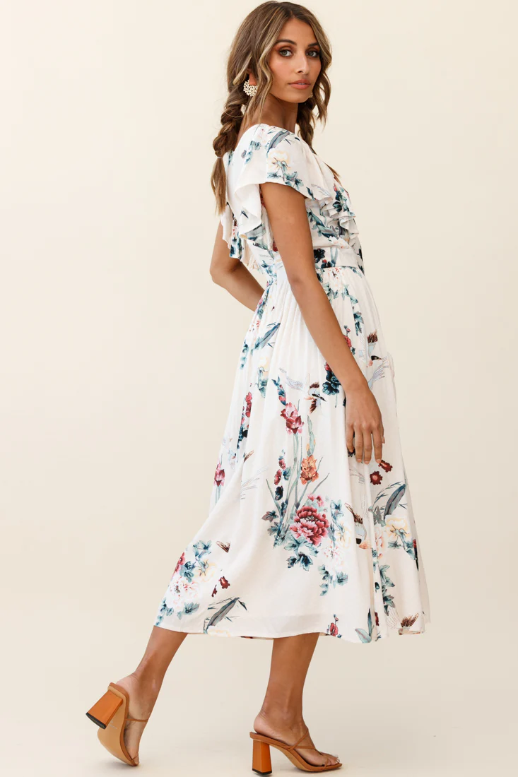 Amelie Tied Bust Pocket Midi Dress Floral Print Beige - Seraphlike