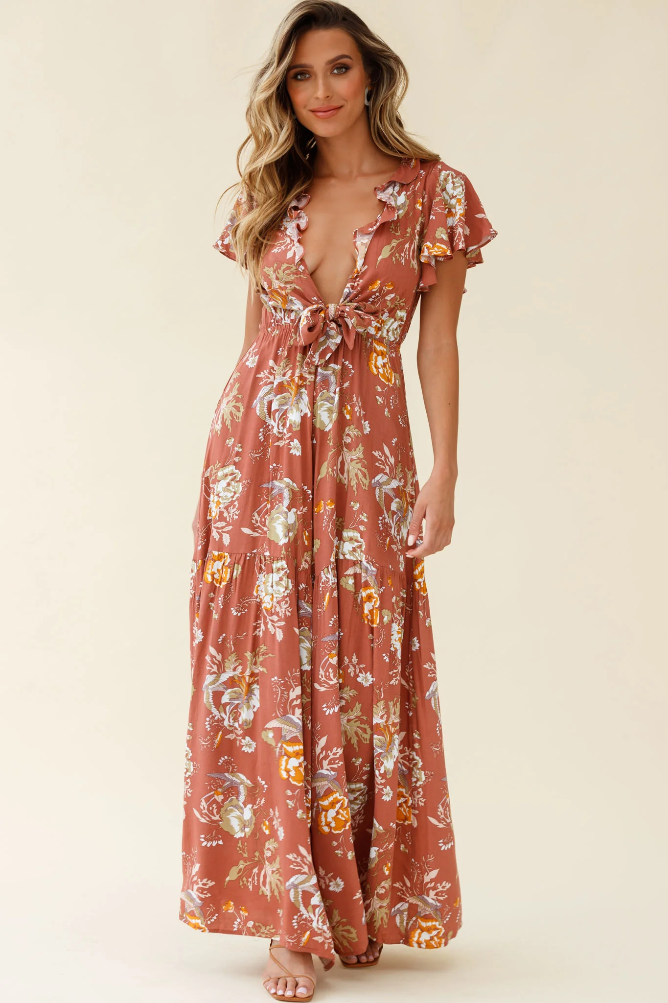 Kasey Tied Bust Wide Leg Floral Print Jumpsuit Rose - Seraphlike