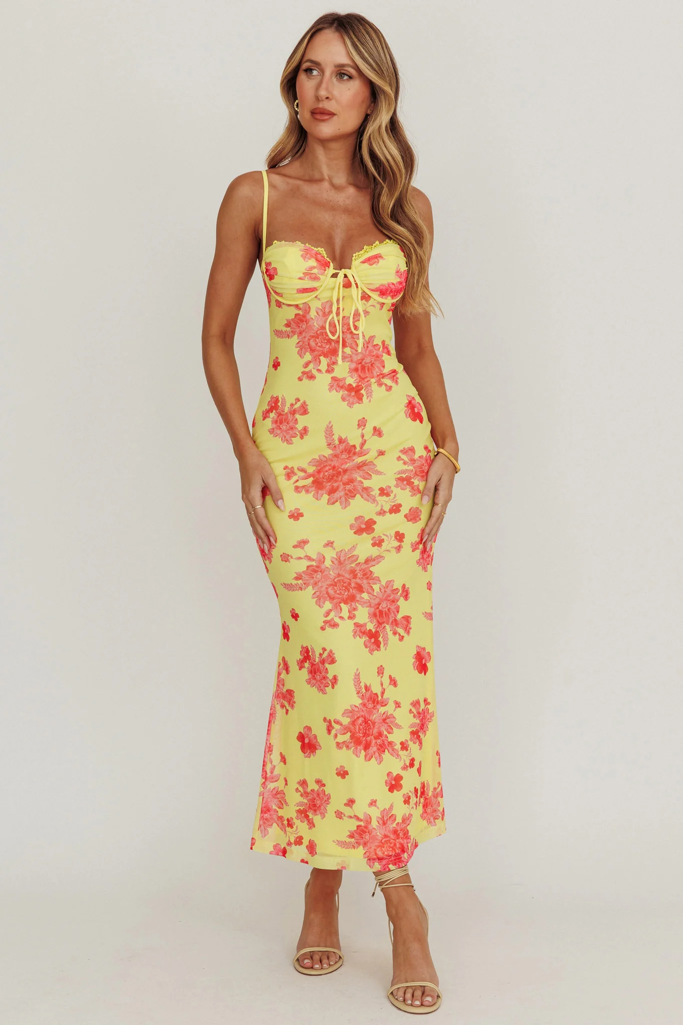 Fortune Mesh Floral Midi Dress Pink/Yellow - Seraphlike