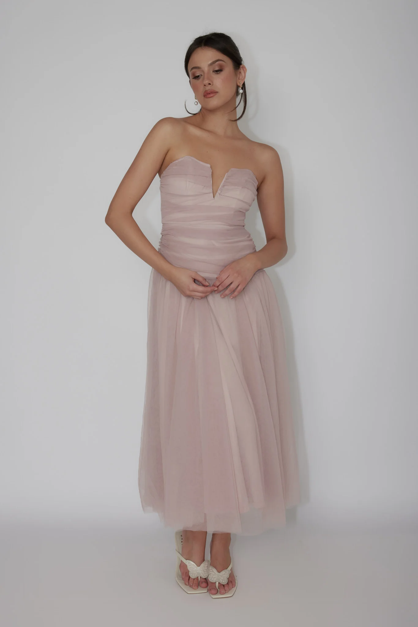 Daphnie Drop Waist Tulle Midi Dress Blush - Seraphlike